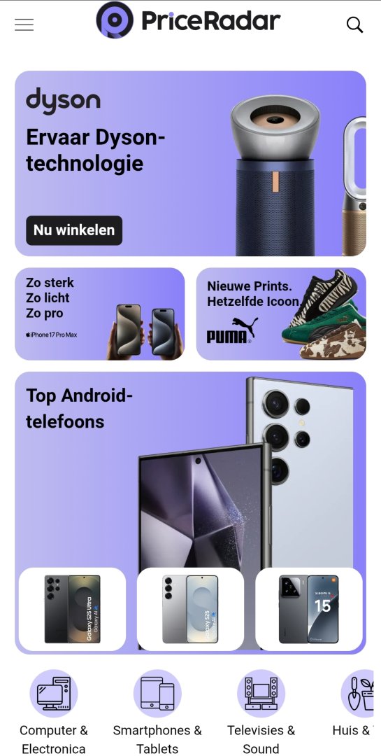 PriceRadar NL - E-commerce screenshot 1 showing the Vergelijk aanbiedingen en vind de scherpste prijs