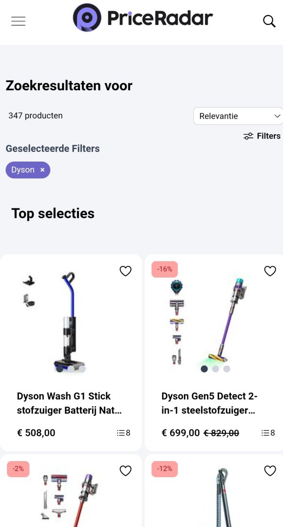 PriceRadar NL - E-commerce screenshot 2 showing the Vergelijk aanbiedingen en vind de scherpste prijs