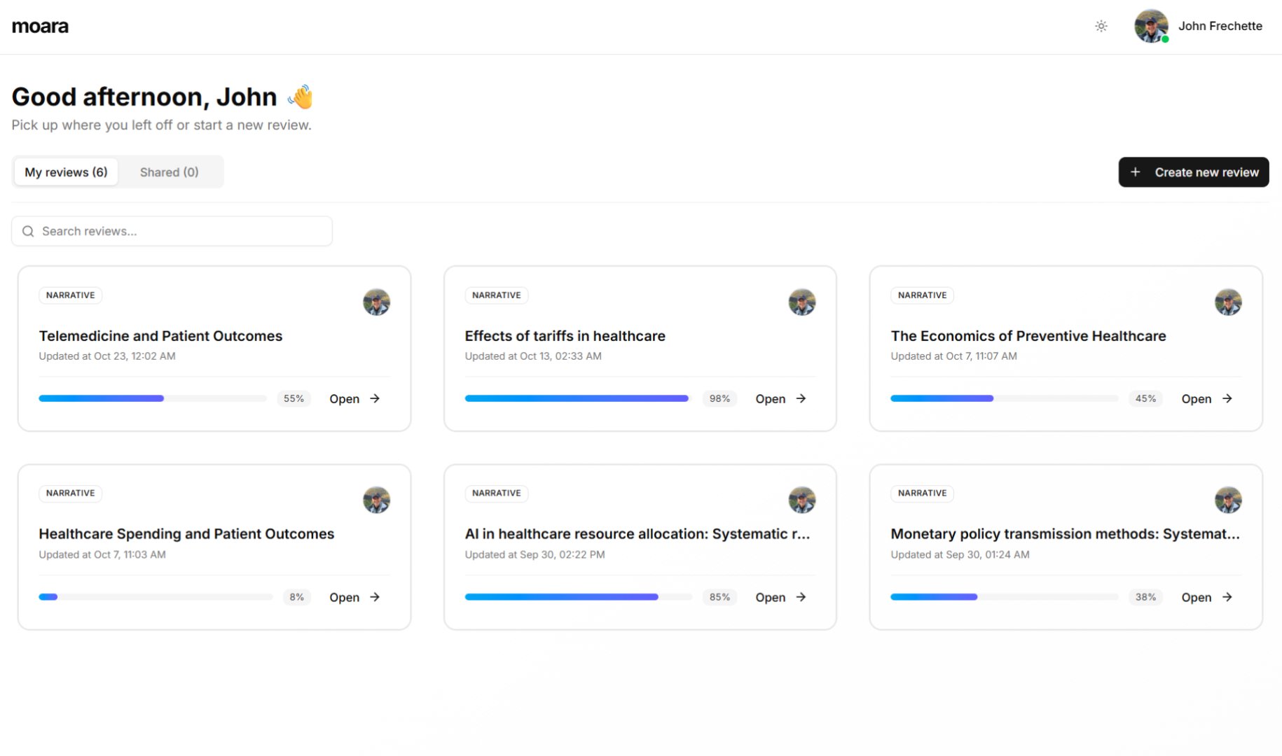 Moara.io - Education & Learning screenshot 1 showing the AI-Powered Literature Review Workflow Tool