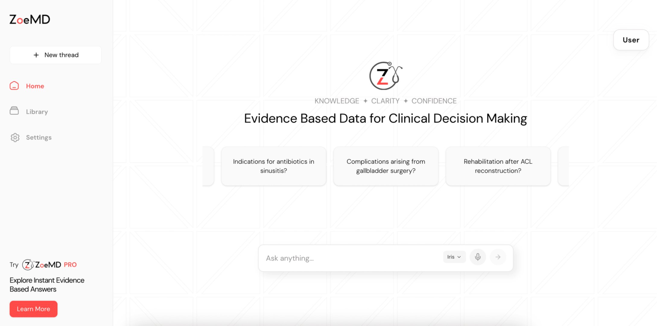 ZoeMD - Health & Wellness screenshot 1 showing the Clear, evidence-backed answers for clinicians—delivered in seconds.