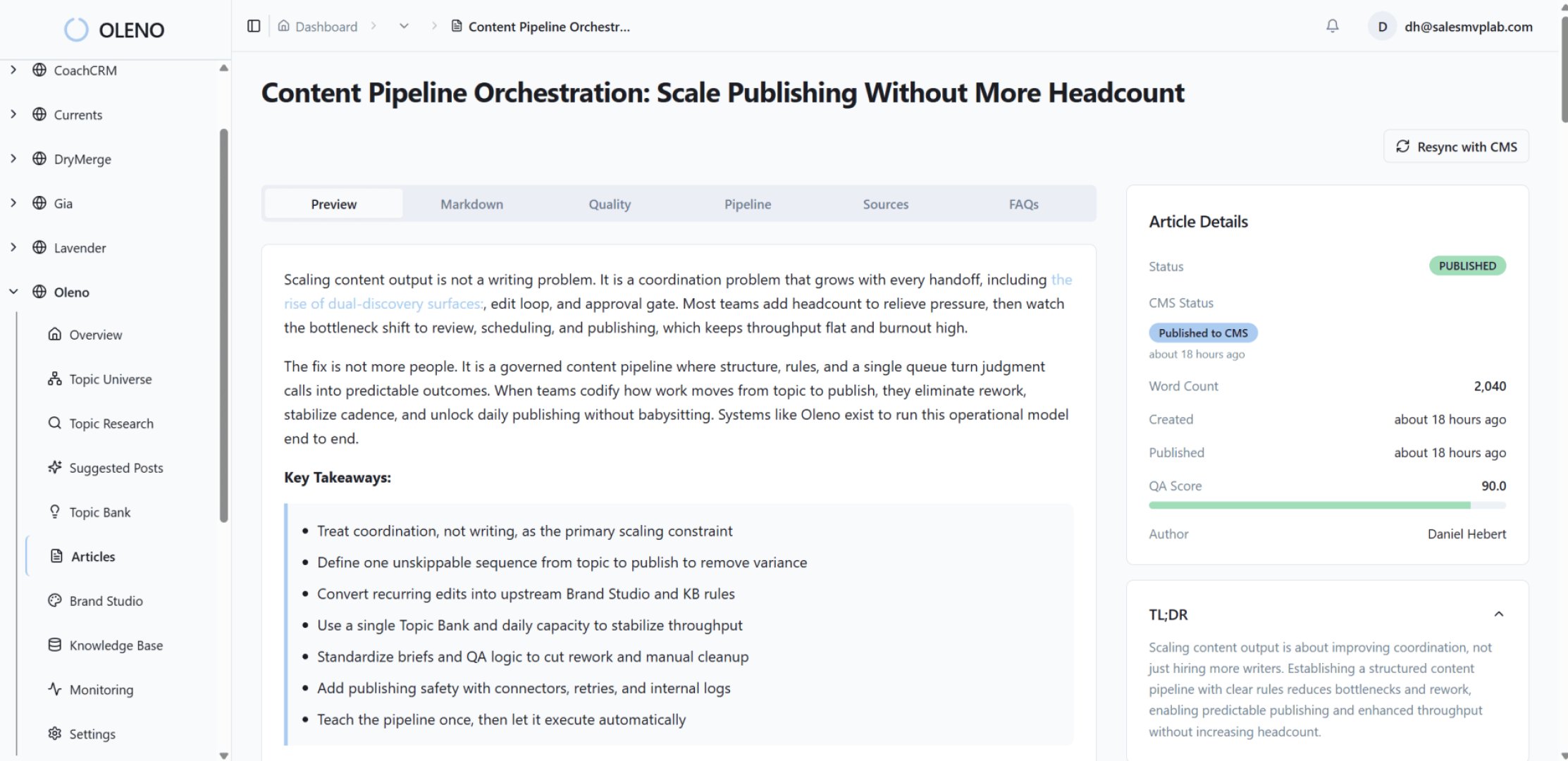 Oleno - AI & Machine Learning screenshot 2 showing the Turn your knowledge base into content LLMs actually want to cite