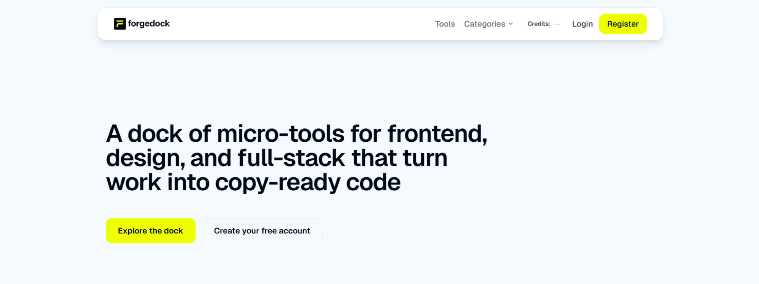 Forgedock - Developer Tools screenshot 2 showing the Micro-tools. Copy-ready code.