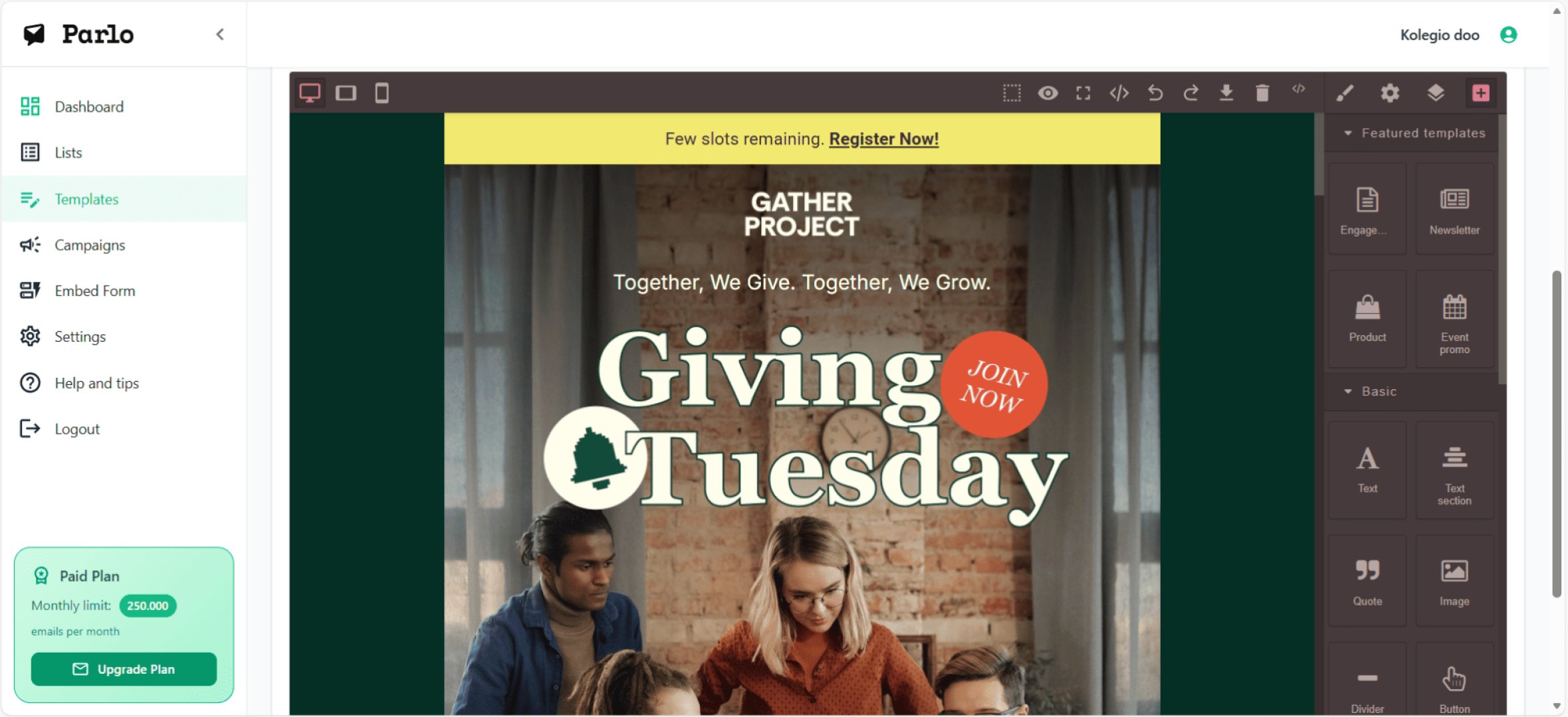 Parlo - Productivity screenshot 1 showing the Send more, pay less with a simple newsletter tool