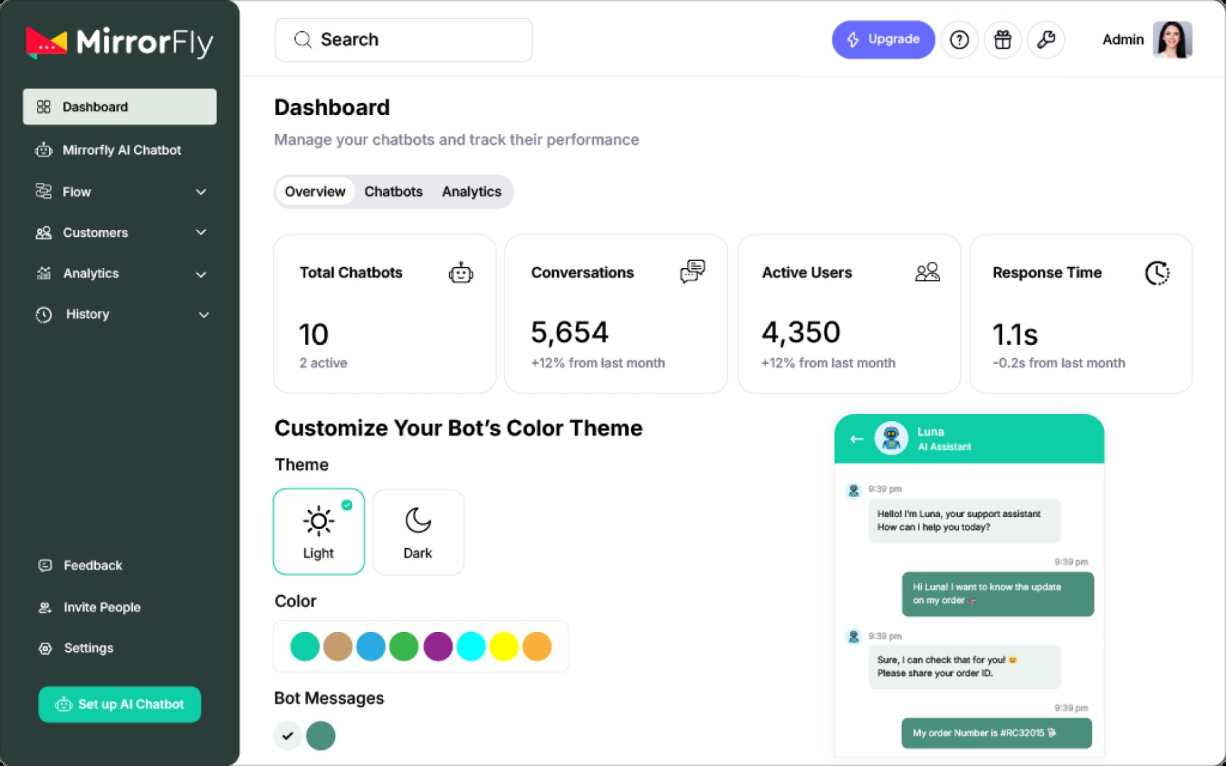 MirrorFly AI Chatbot Solution - Automation & Workflows screenshot 1 showing the Custom AI Chatbot Solution for Website and App