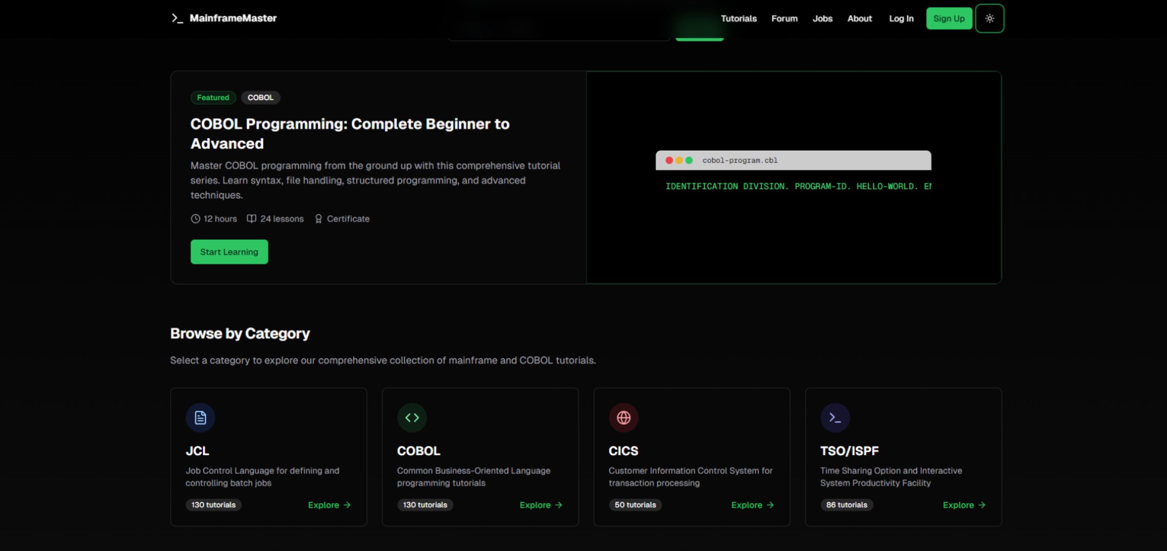 Mainframe Master - Education & Learning screenshot 1 showing the Learn COBOL and Mainframe Skills, Step by Step