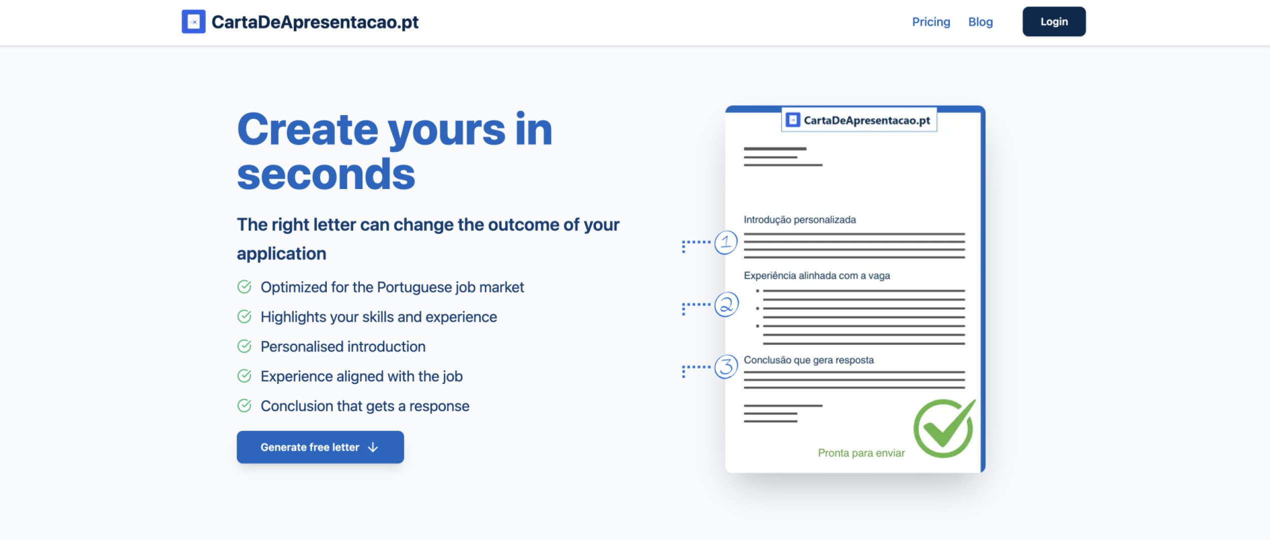 Carta de Apresentação.pt - Writing & Editing screenshot 1 showing the The fastest, smartest way to create cover letters in Portuguese