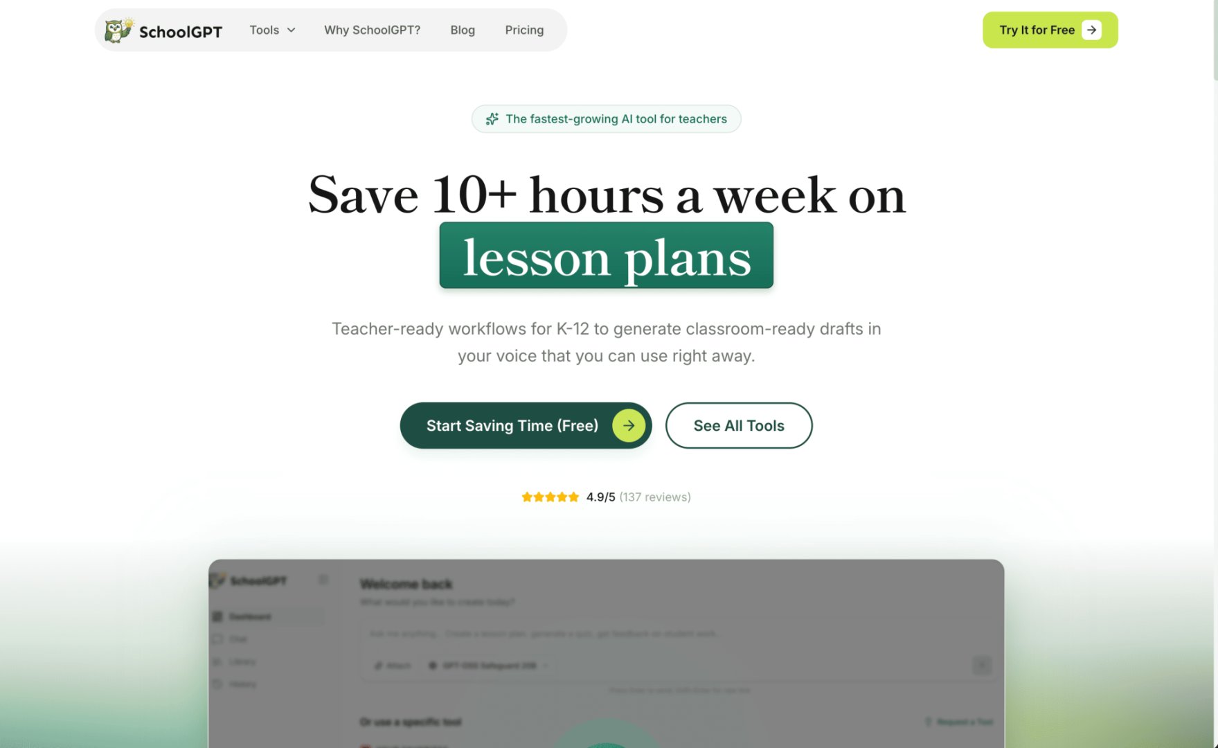 SchoolGPT - Education & Learning screenshot 1 showing the Built for teachers and schools, replacing generic tools with all-in-one AI assistant