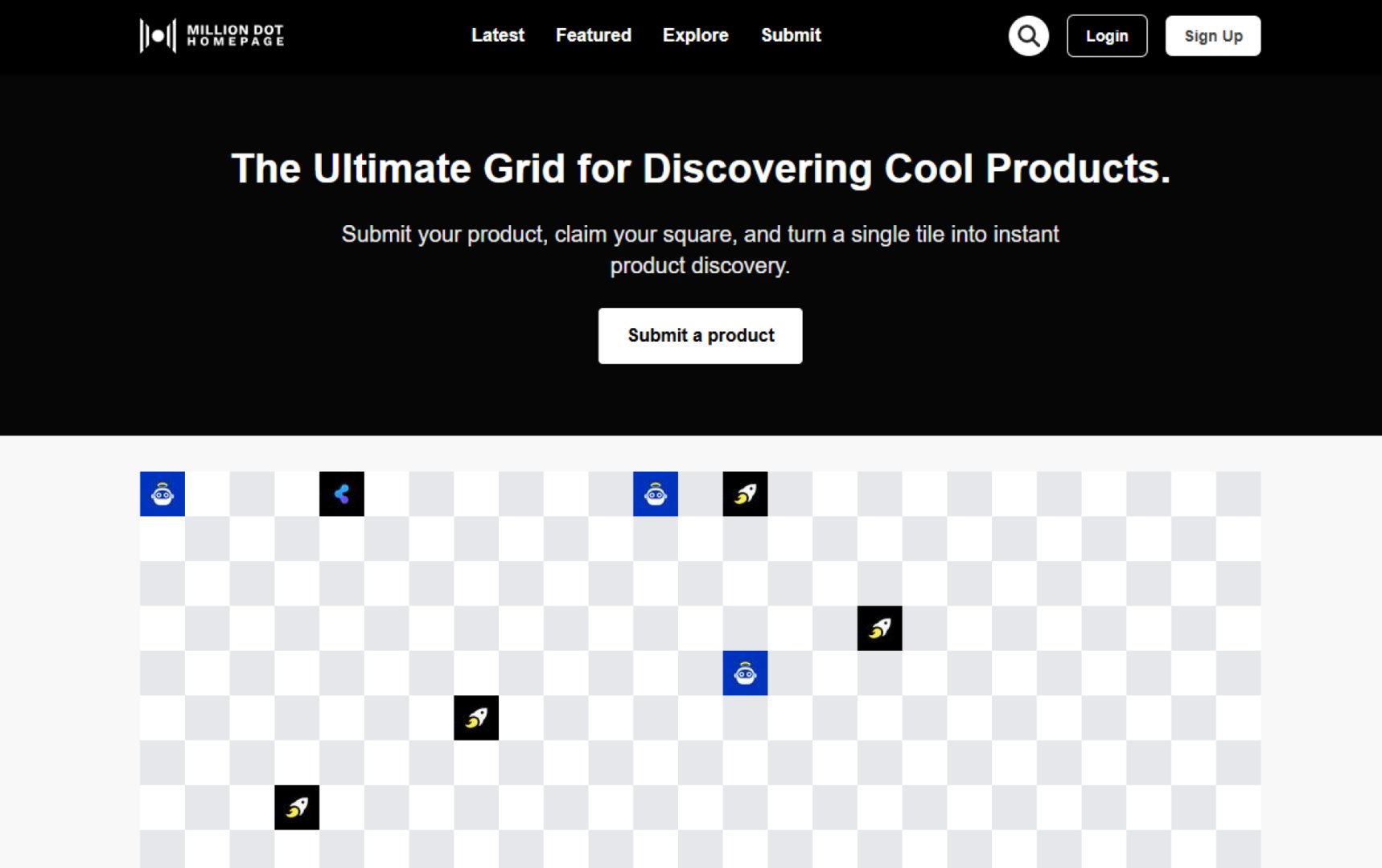 Million Dot Homepage - Directory & Listings screenshot 1 showing the The Ultimate Grid for Discovering Cool Products.