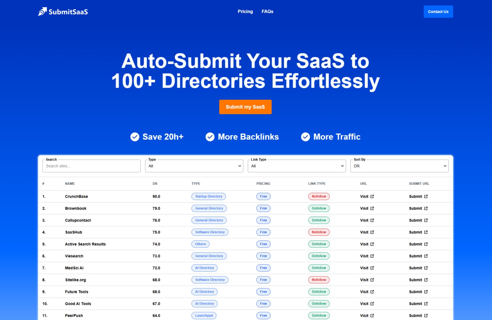 SubmitSaaS - Marketing & SEO screenshot 1 showing the Submit your SaaS to 100+ Directories