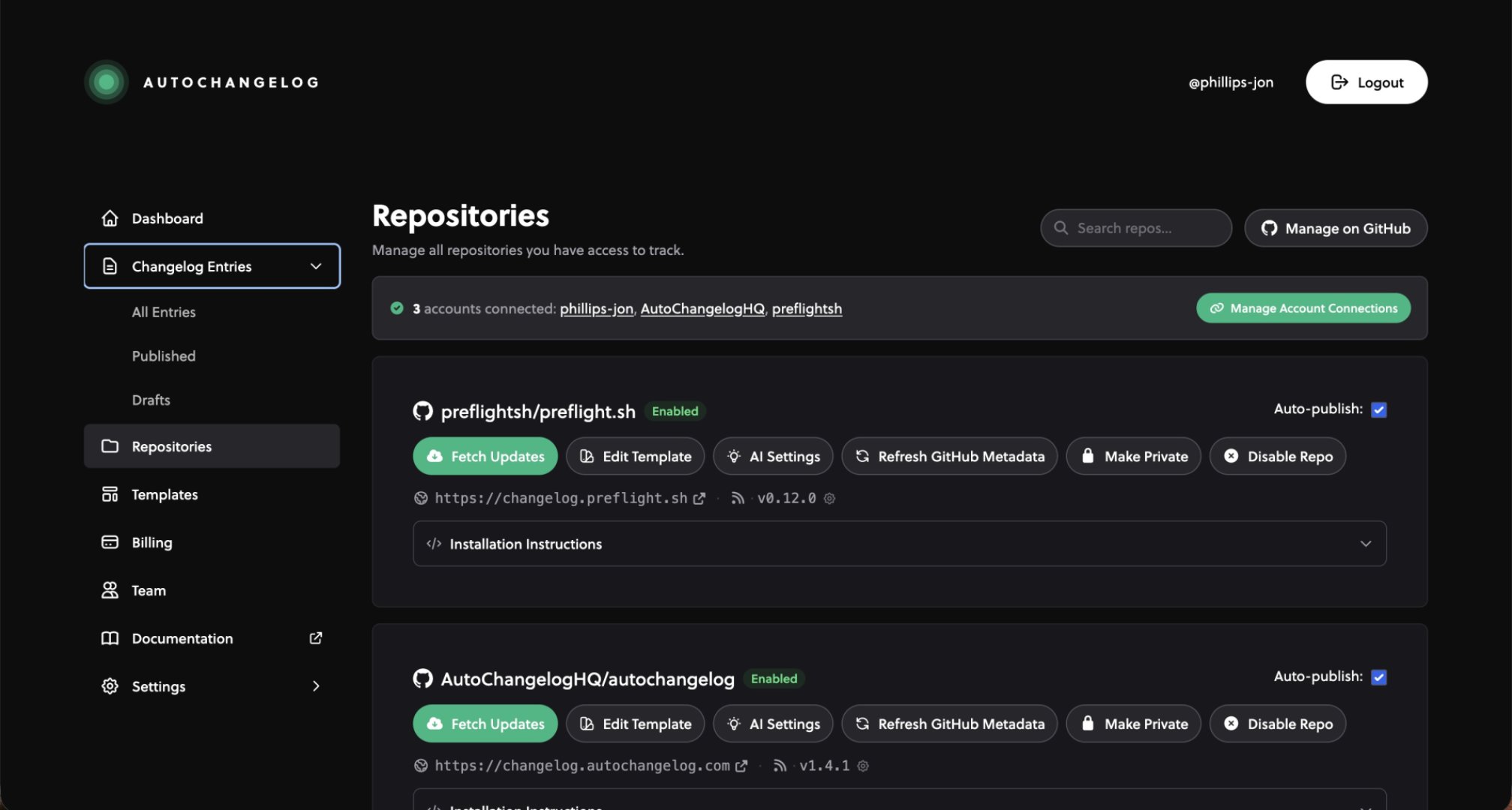AutoChangelog - Automation & Workflows screenshot 2 showing the Changelogs that write themselves