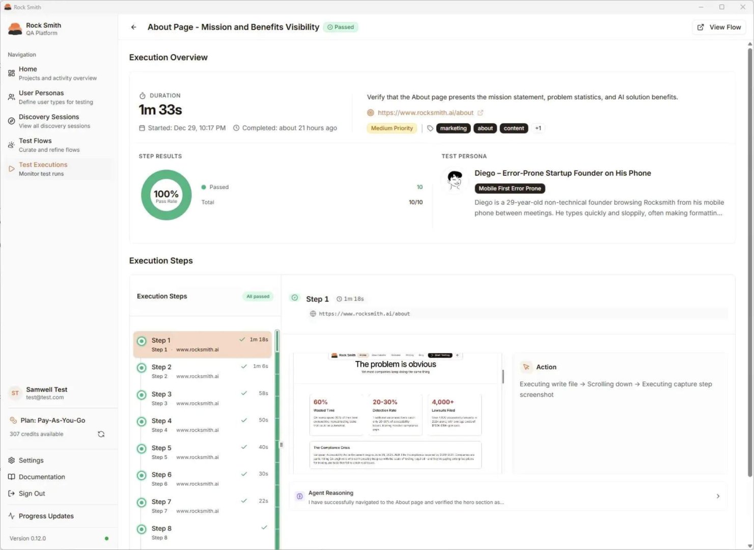Rock Smith - Developer Tools screenshot 1 showing the Automate QA tests like a real human
