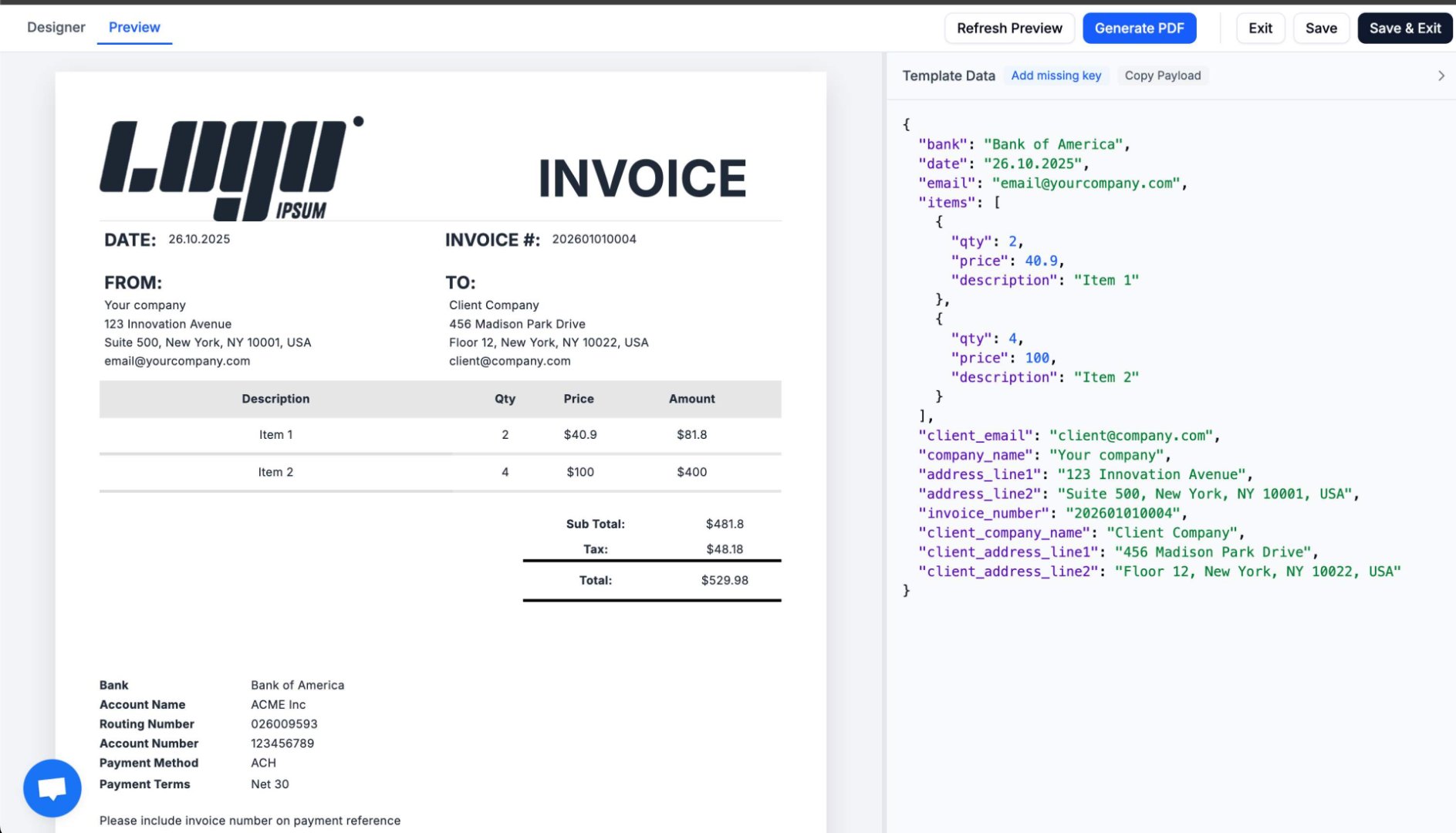 TemplateFox - Developer Tools screenshot 2 showing the Automate and scale your PDF generation