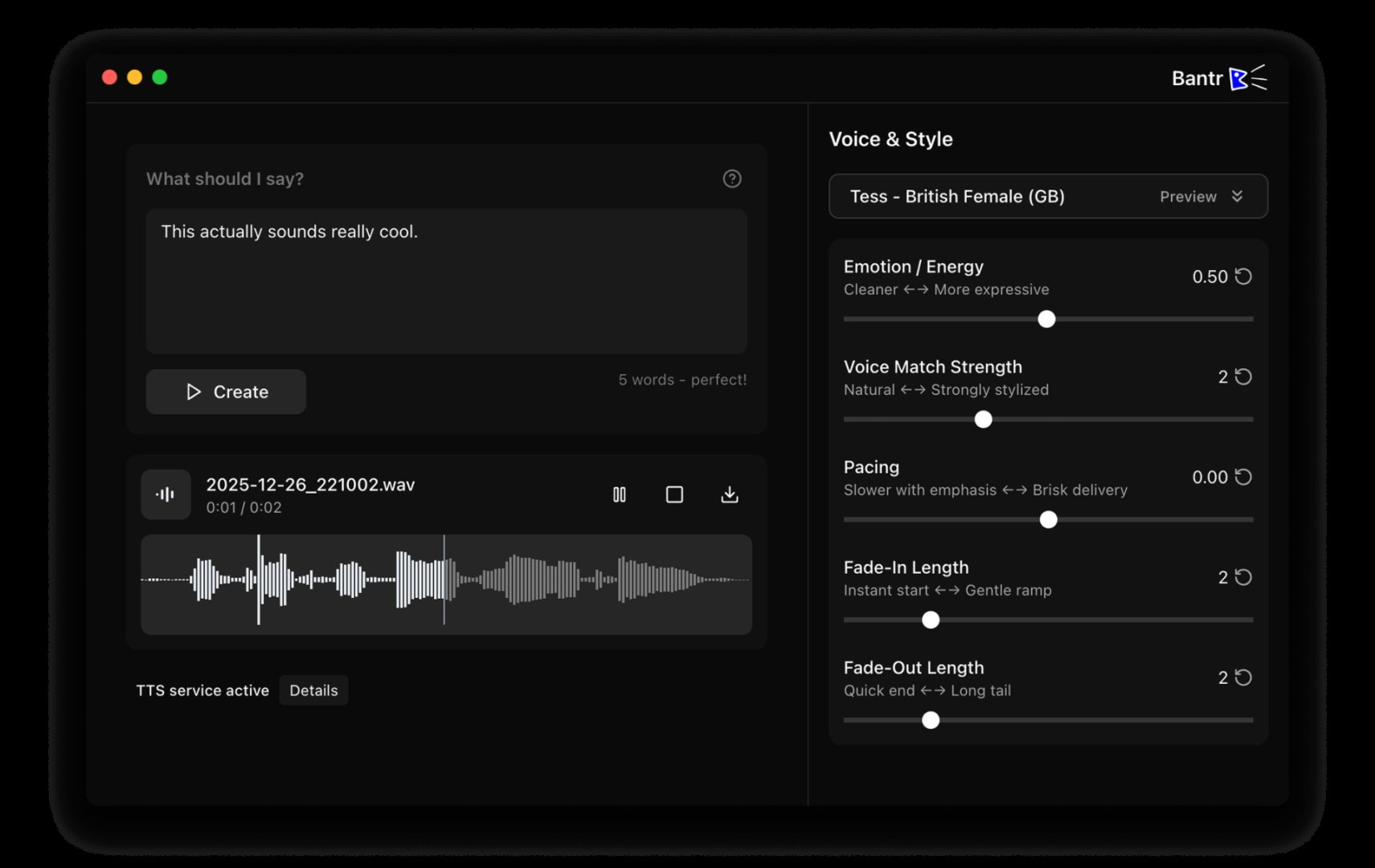Bantr: Offline &amp; Unlimited TTS for Mac - APIs & Integrations screenshot 1 showing the Natural voices. No subscription. Runs on your Mac.