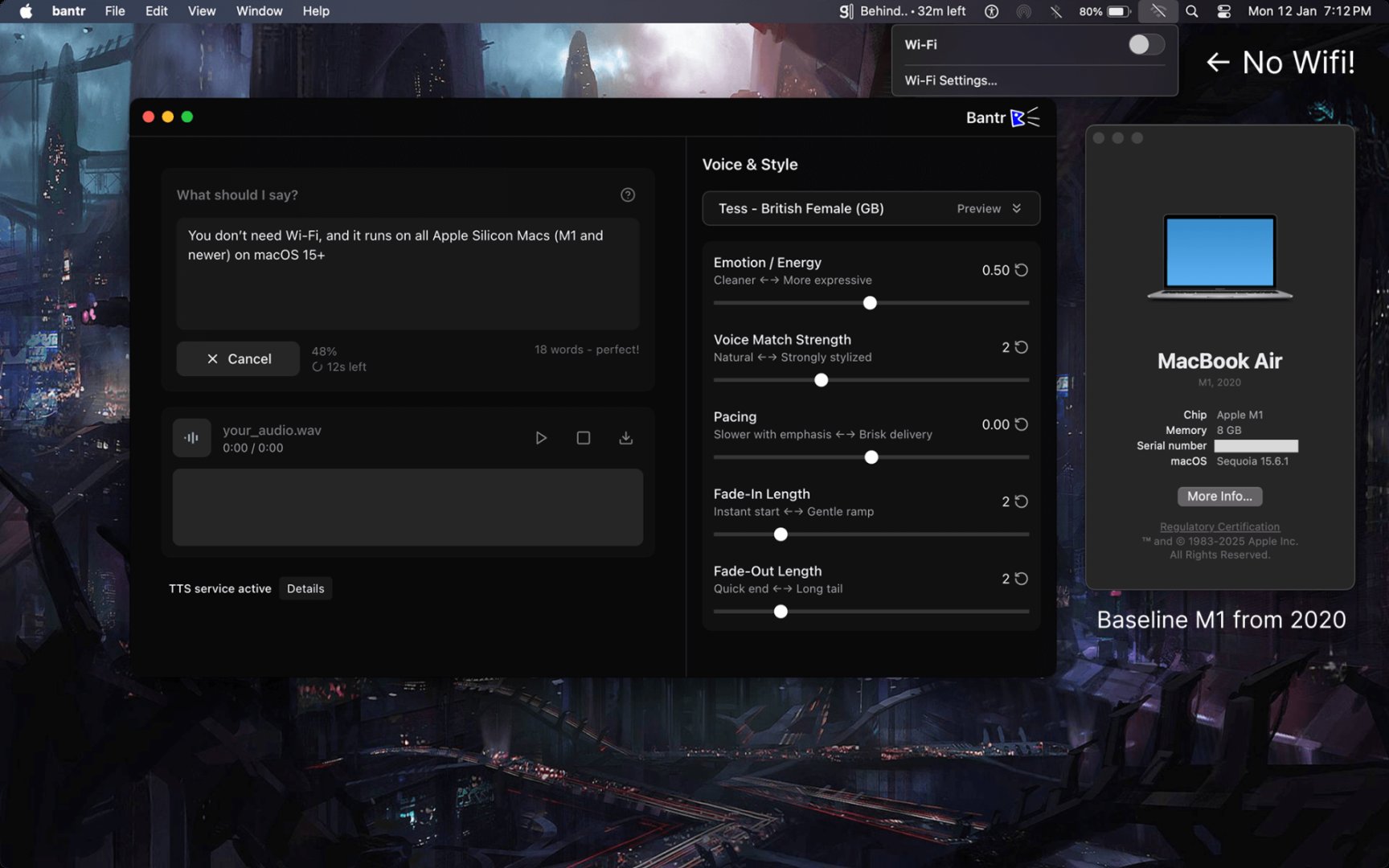 Bantr: Offline &amp; Unlimited TTS for Mac - APIs & Integrations screenshot 2 showing the Natural voices. No subscription. Runs on your Mac.