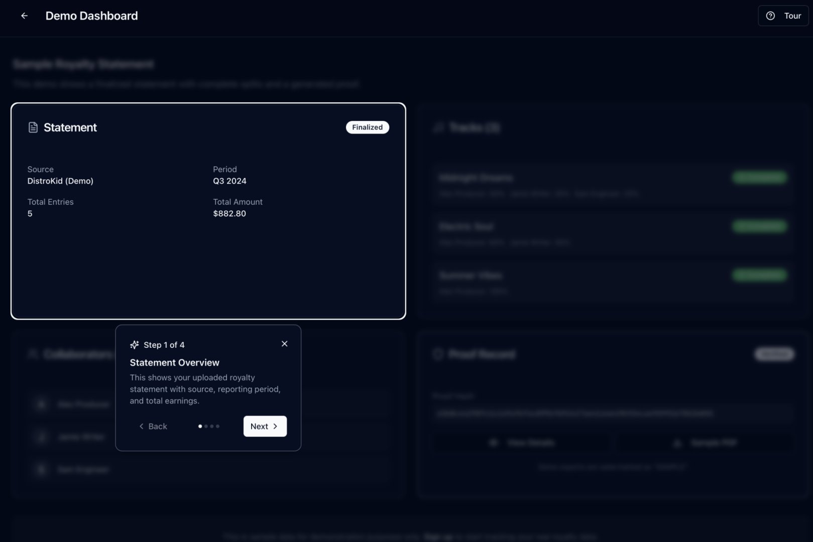 Collab Chain - Productivity screenshot 2 showing the Verifiable royalty proof for creators and collaborators