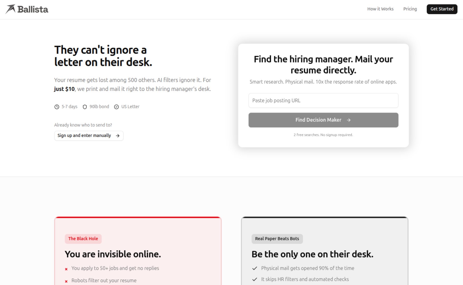 Ballista - Productivity screenshot 1 showing the Send your resume directly to hiring managers via physical mail. Skip the filters.