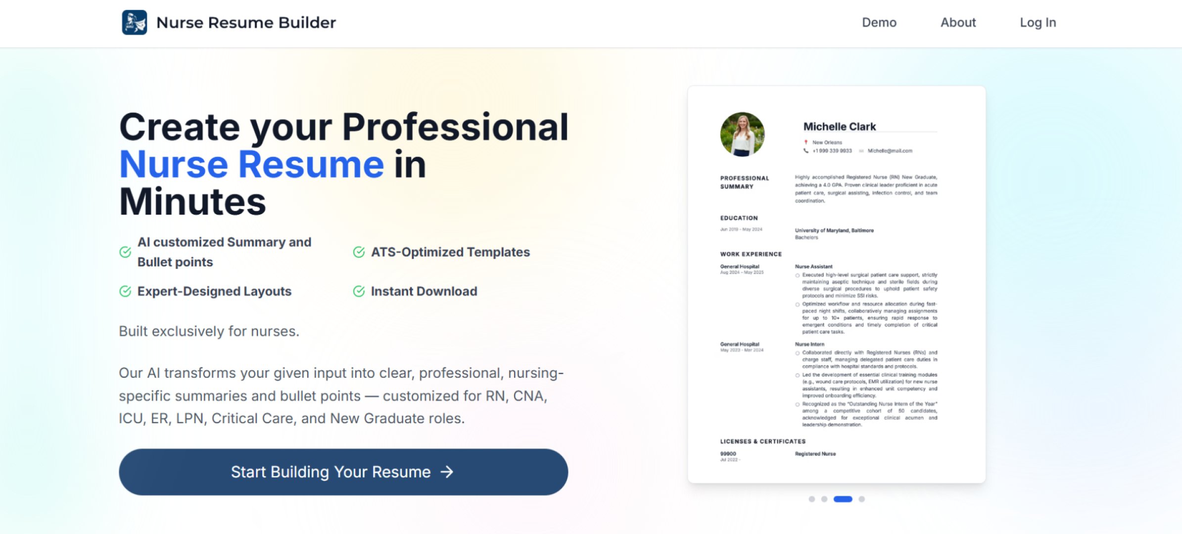 Nurse Resume Builder - Automation & Workflows screenshot 1 showing the Create your Professional Nurse Resume in Minutes