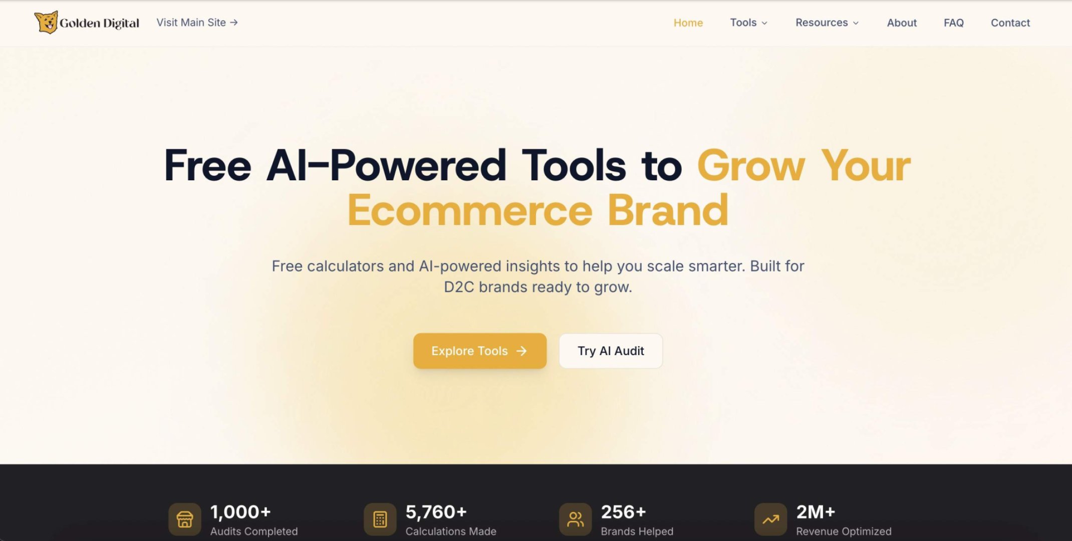 Golden Digital's Free D2C Marketing Tools - Marketing & SEO screenshot 1 showing the Stop guessing. Start scaling. Free D2C marketing tools inside.