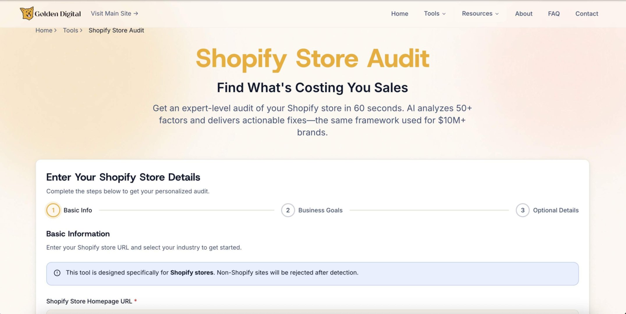 Golden Digital's Free D2C Marketing Tools - Marketing & SEO screenshot 2 showing the Stop guessing. Start scaling. Free D2C marketing tools inside.