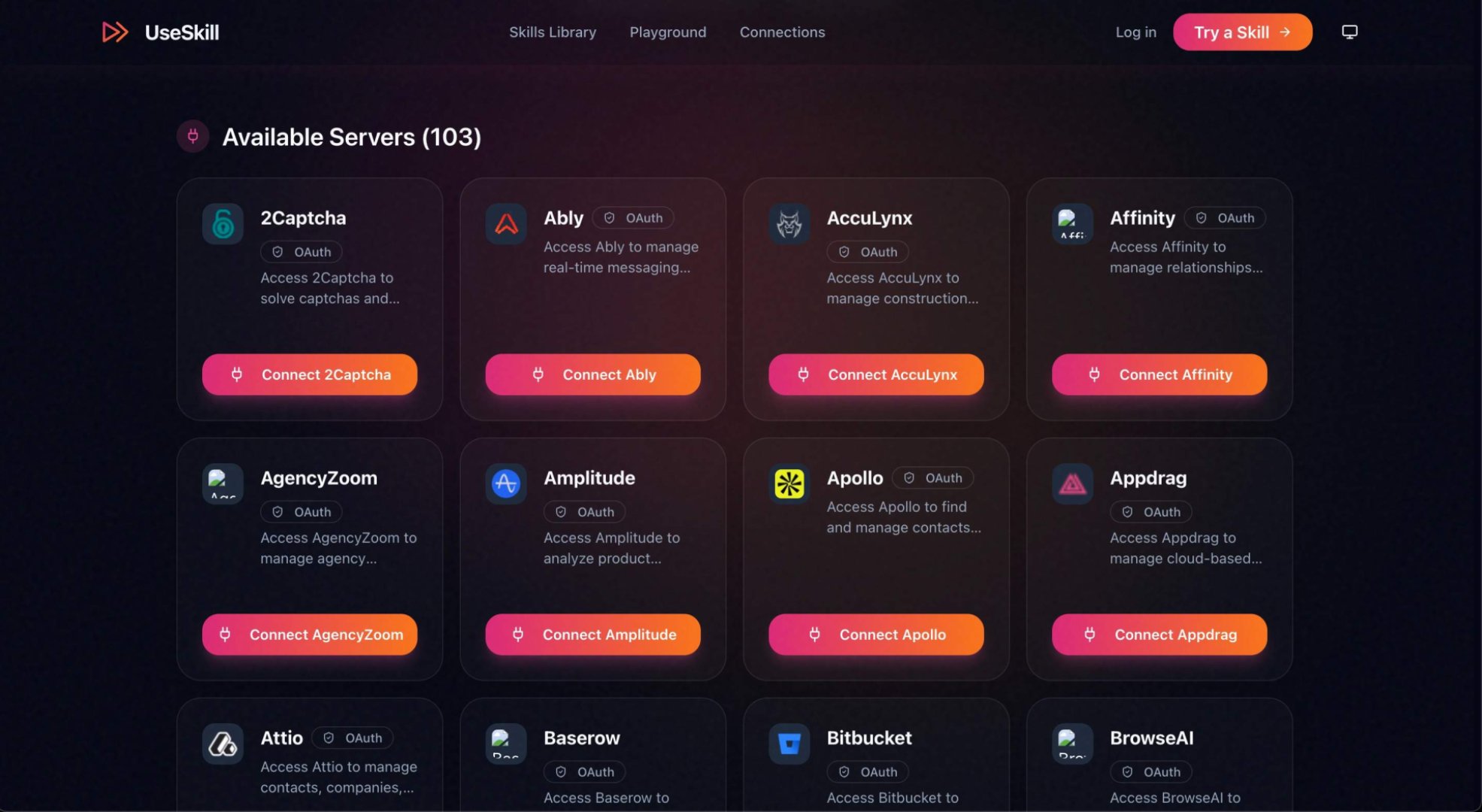 UseSkill - Productivity screenshot 2 showing the 100+ Integrations. Pre-Built AI Workflows. Pick a Skill, Click Run, Results in 30 Seconds.