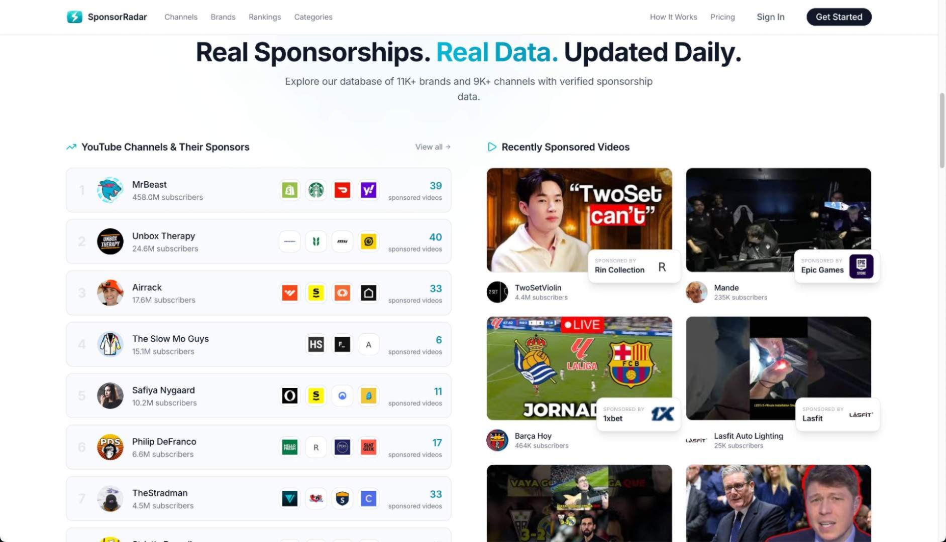 SponsorRadar - Marketing & SEO screenshot 2 showing the The YouTube Sponsorship Database