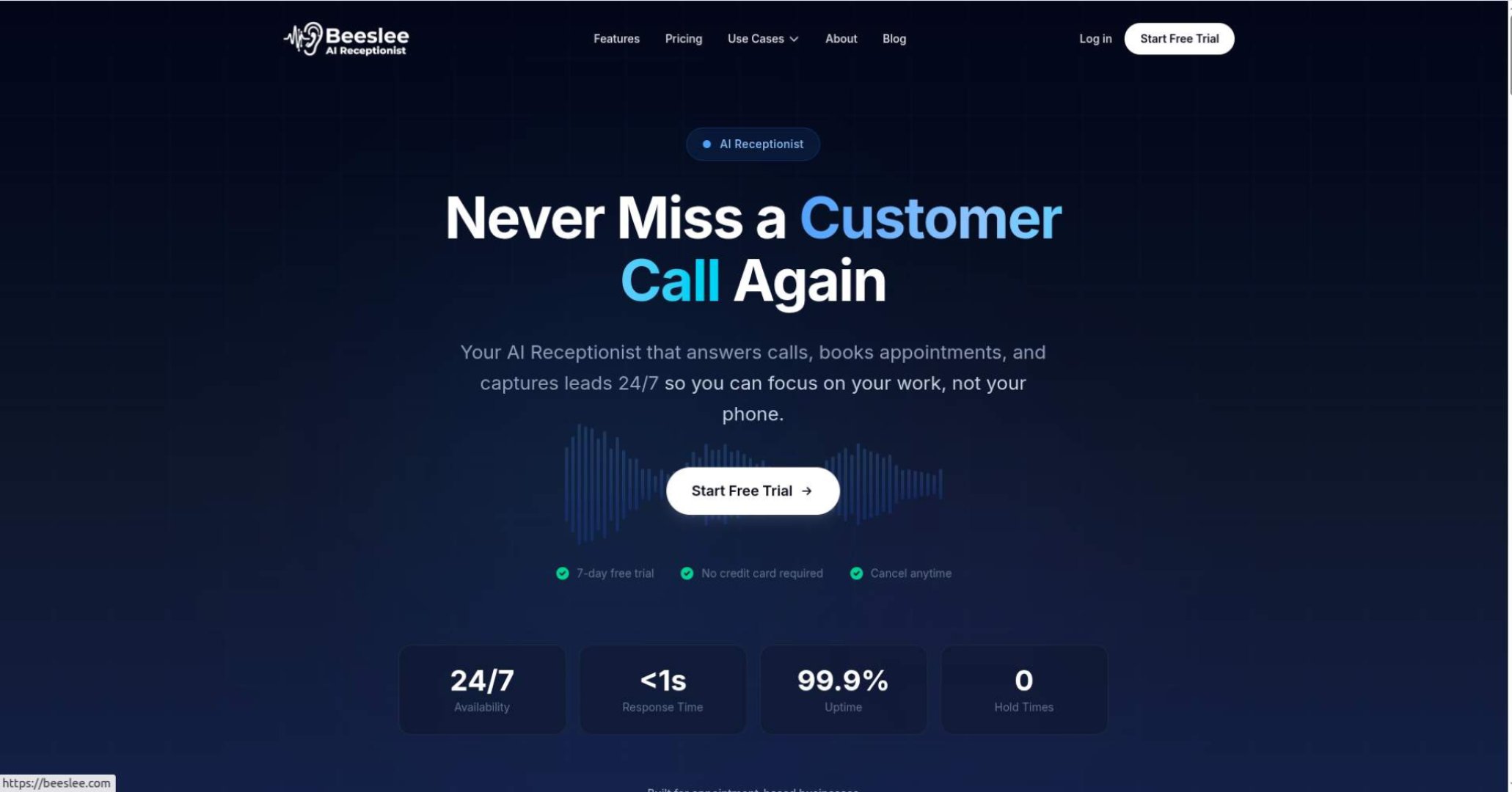 Beeslee AI Receptionist - Automation & Workflows screenshot 1 showing the Never miss another booking. AI receptionist that answers 24/7 and actually books.