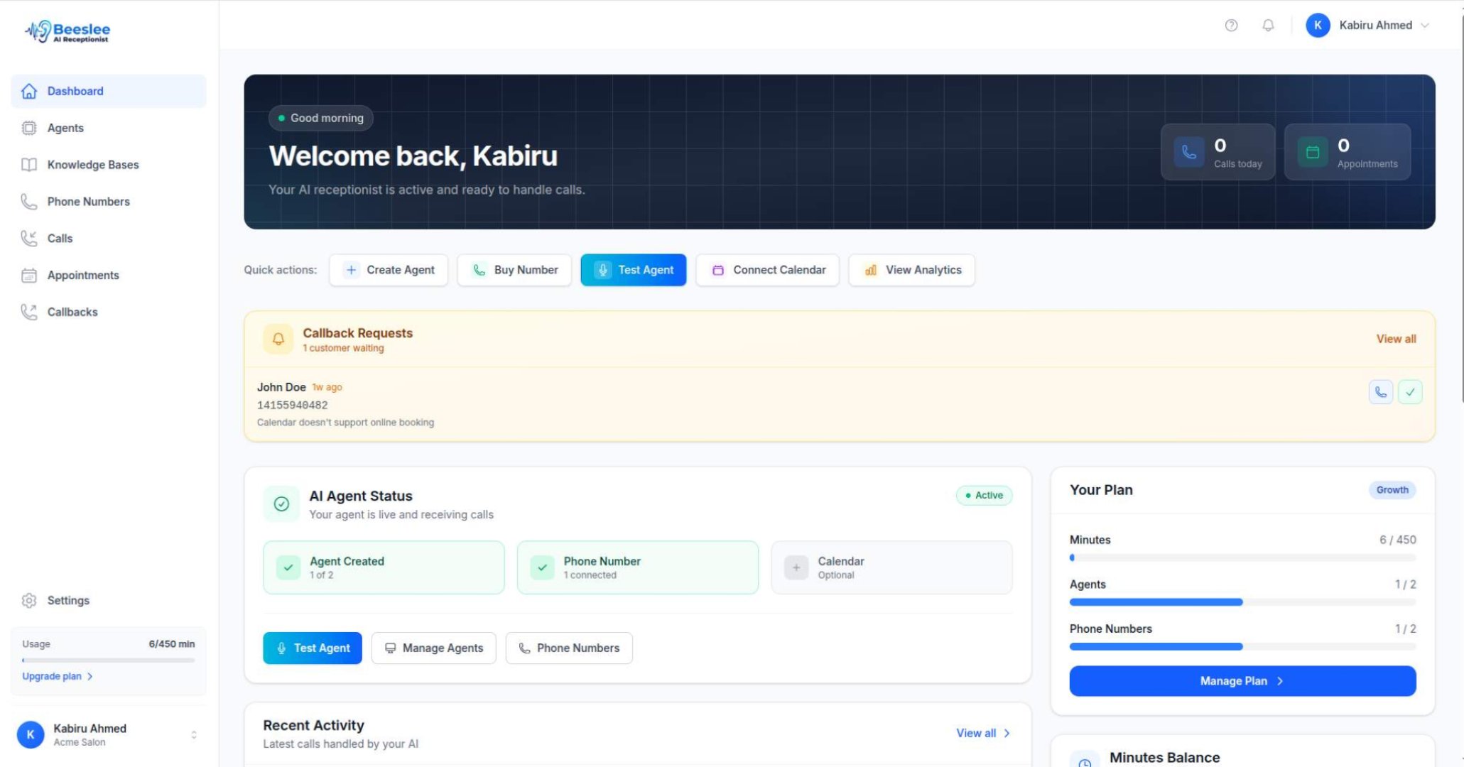 Beeslee AI Receptionist - Automation & Workflows screenshot 2 showing the Never miss another booking. AI receptionist that answers 24/7 and actually books.