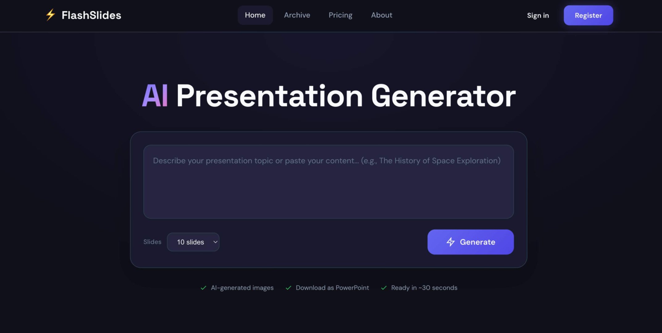 FlashSlides - AI & Machine Learning screenshot 1 showing the AI Presentation Generator