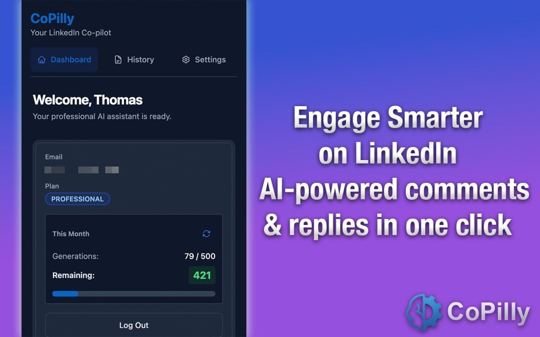 CoPilly - AI & Machine Learning screenshot 1 showing the AI LinkedIn Co-pilot That Keeps You Safe