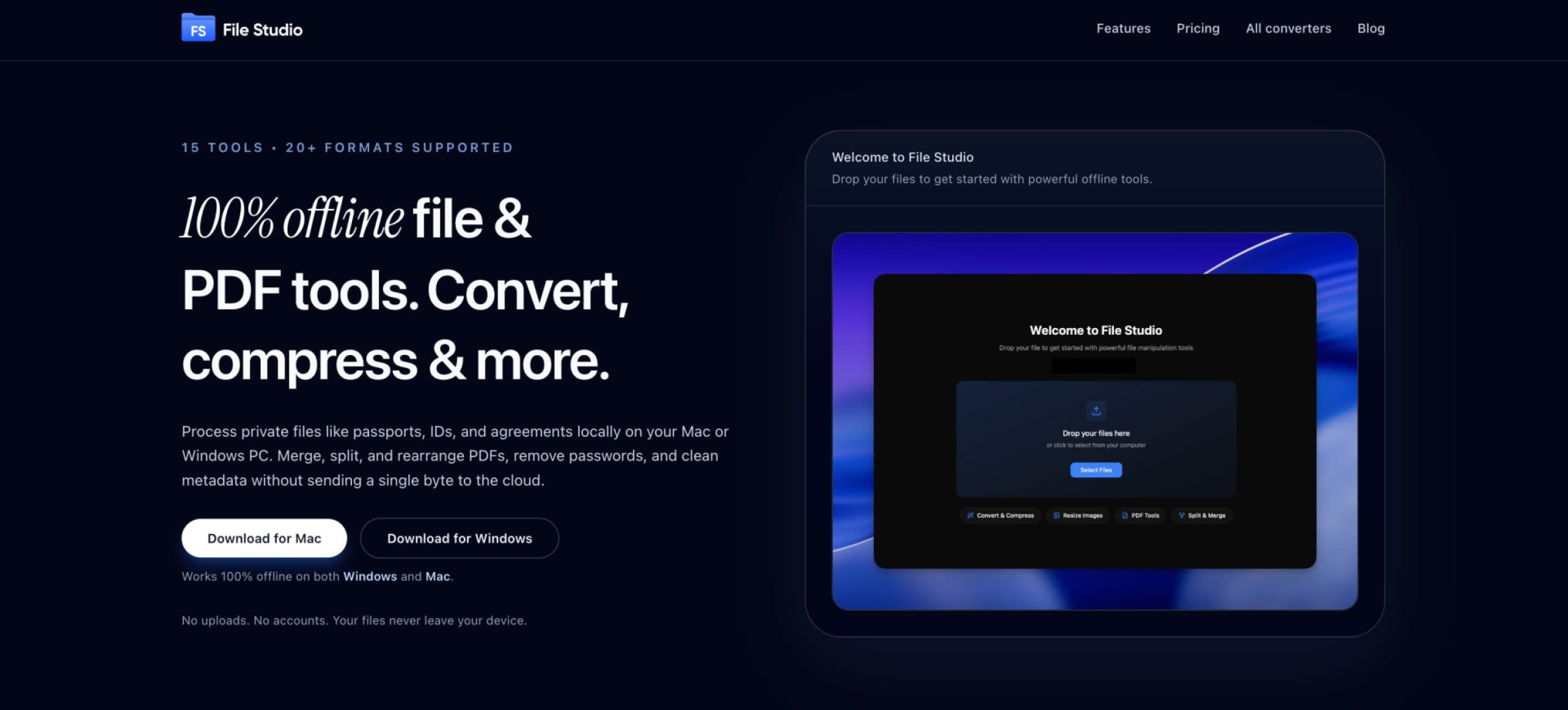 File Studio - Productivity screenshot 1 showing the Process private files like passports, IDs, and agreements locally on your Mac or Windows