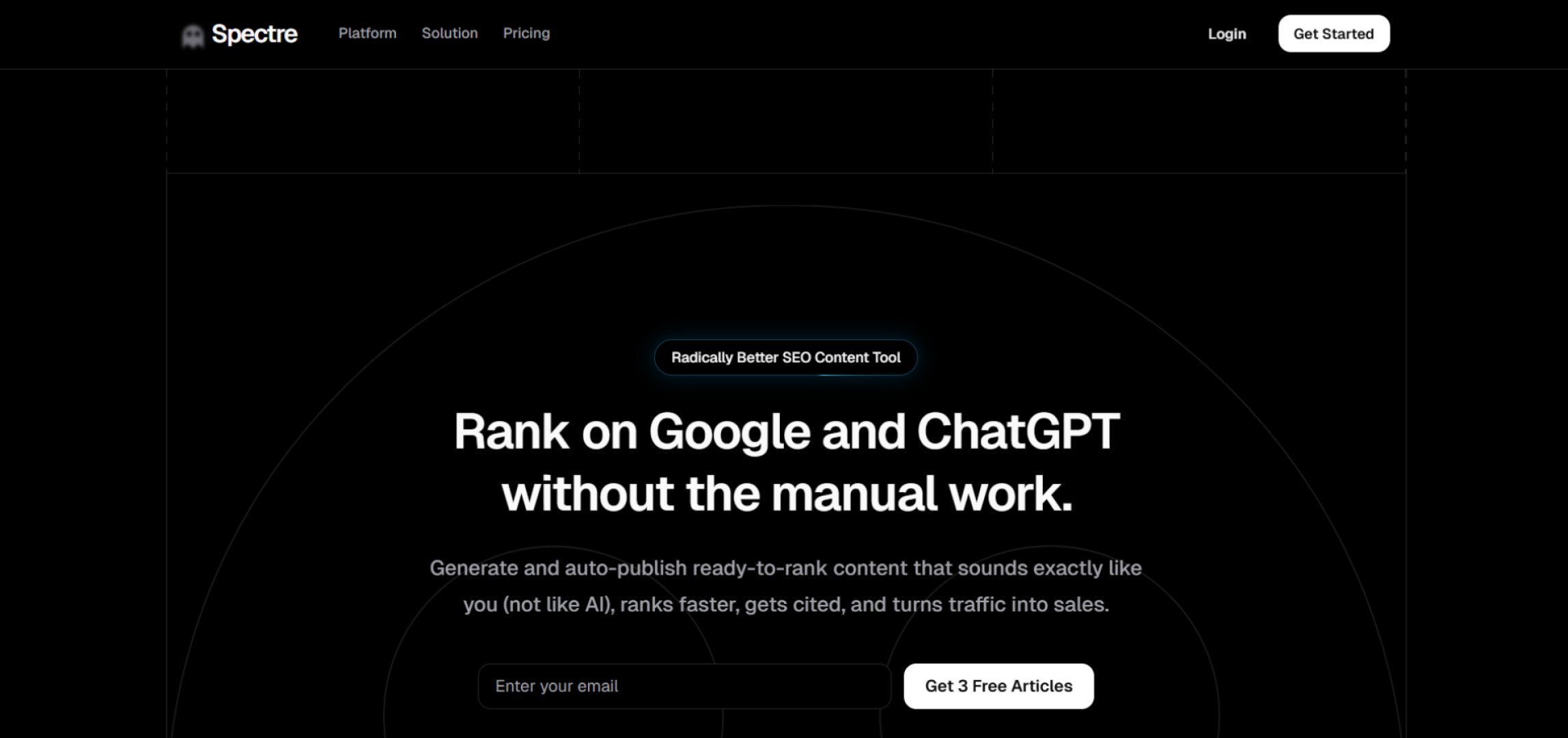 Spectre SEO - AI & Machine Learning screenshot 1 showing the Generate and auto-publish ready-to-rank content that sounds exactly like you (not like AI), ranks faster, gets cited, and turns traffic into sales.