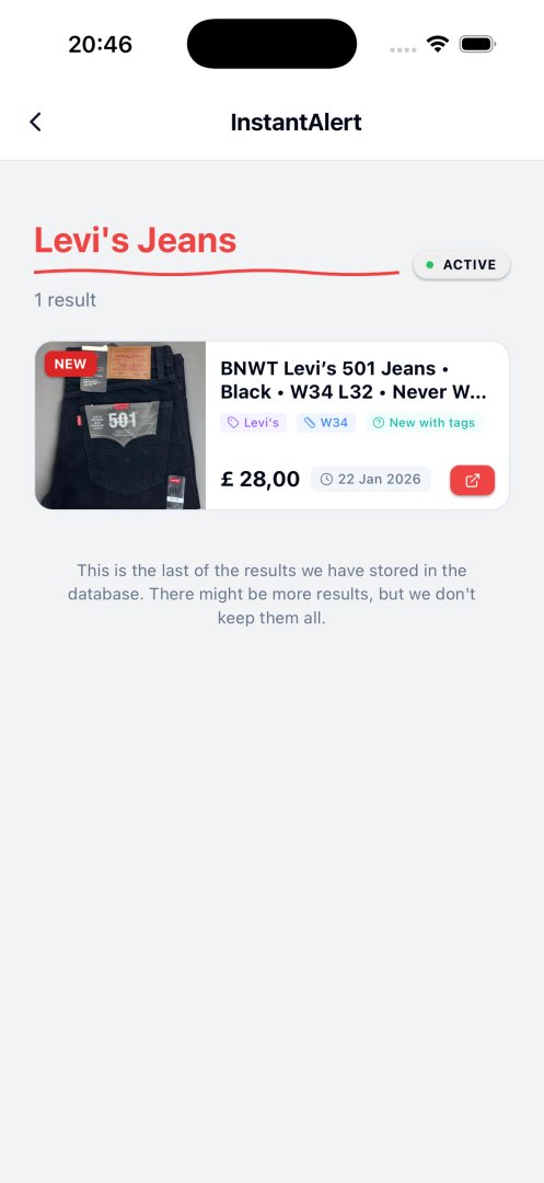 InstantAlert - E-commerce screenshot 2 showing the Get instant alerts for new Vinted listings. 24/7 monitoring, faster than the app. Be first to respond. Free plan available.