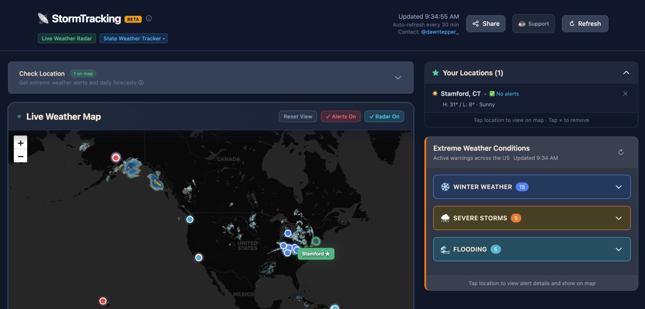 https://stormtracking.io - Climate & Sustainability screenshot 2 showing the Weather Alerts & Info