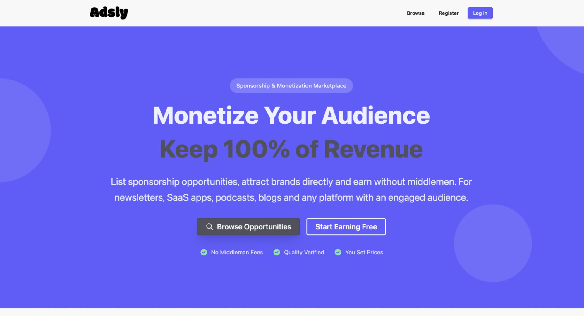 Adsly - Marketing & SEO screenshot 1 showing the Sponsorship marketplace. No fees. No agencies. Just deals.