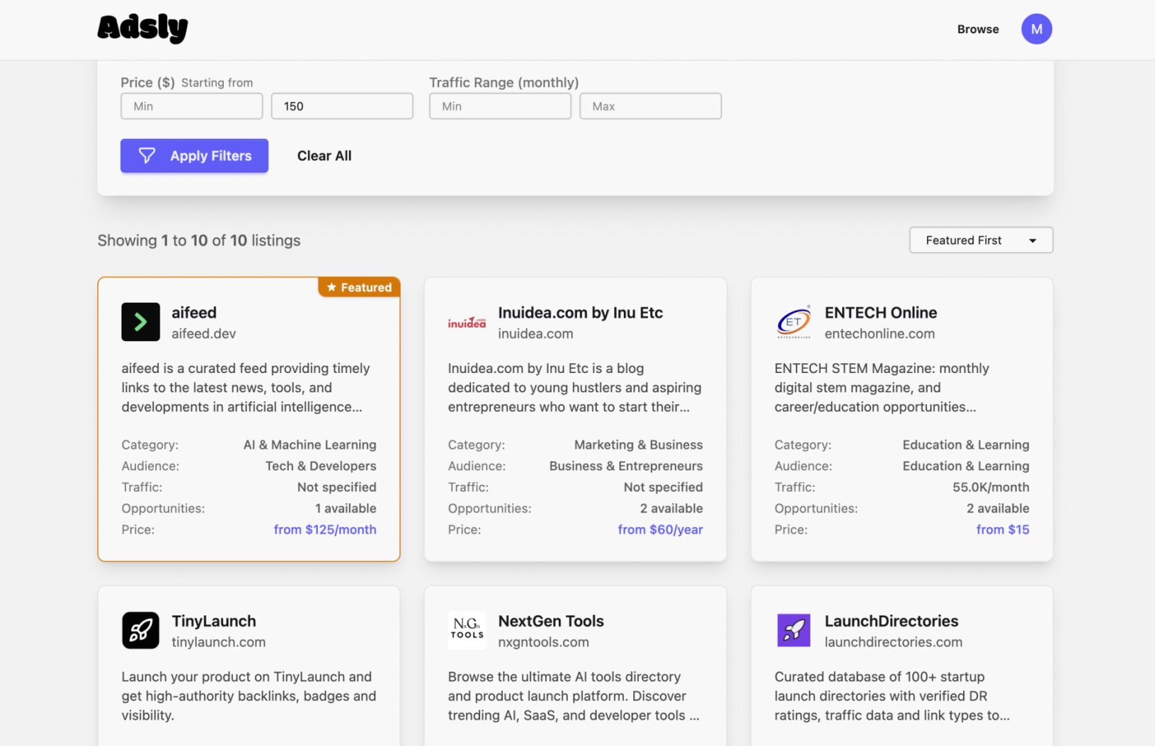 Adsly - Marketing & SEO screenshot 2 showing the Sponsorship marketplace. No fees. No agencies. Just deals.