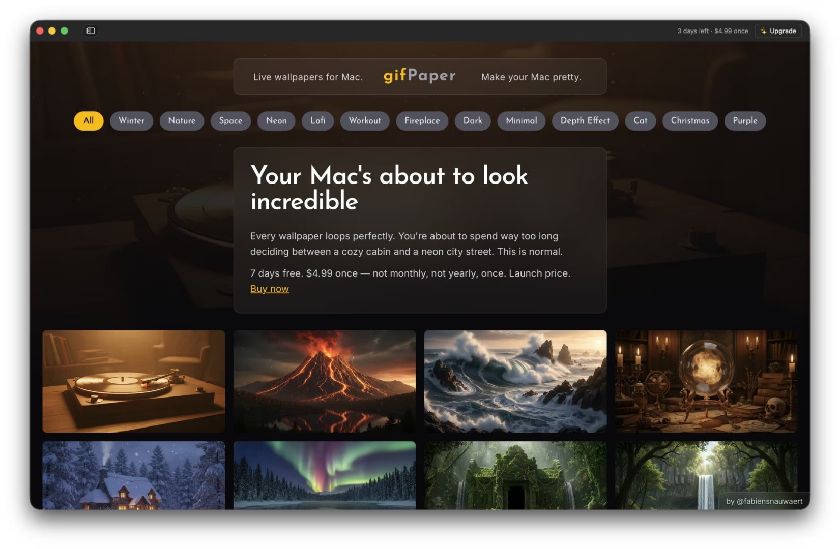 gifPaper - Design & Creative screenshot 1 showing the Live wallpapers for Mac – Make your Mac pretty.