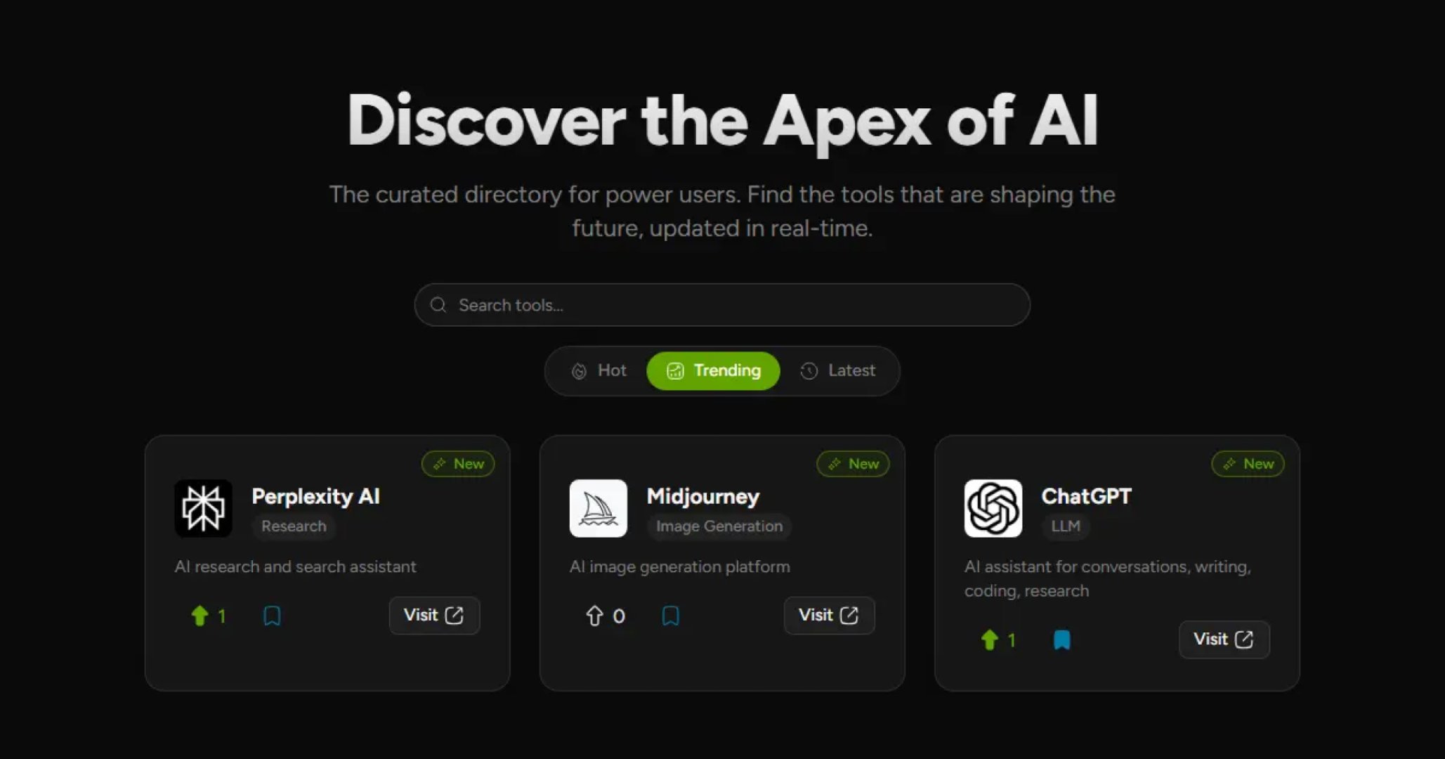 ApexTools - AI & Machine Learning screenshot 1 showing the Discover the best AI tools for productivity, coding, marketing, writing, and more!