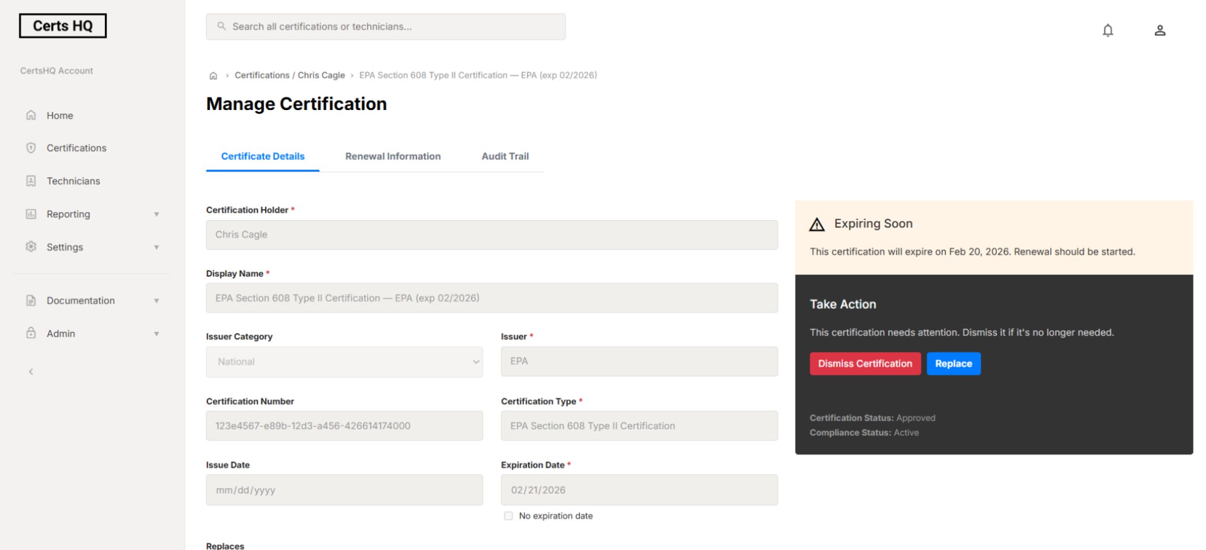 CertsHQ product screenshot