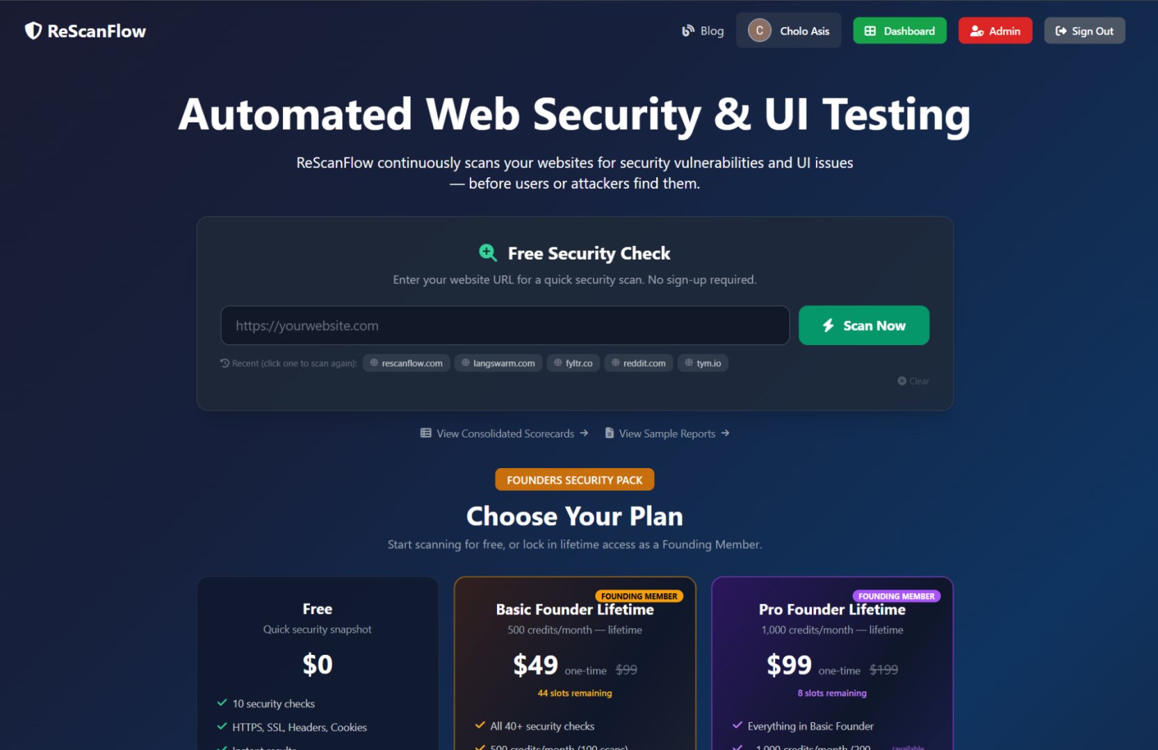 ReScanFlow - Developer Tools screenshot 1 showing the Autonomous Web Security and UI Testing