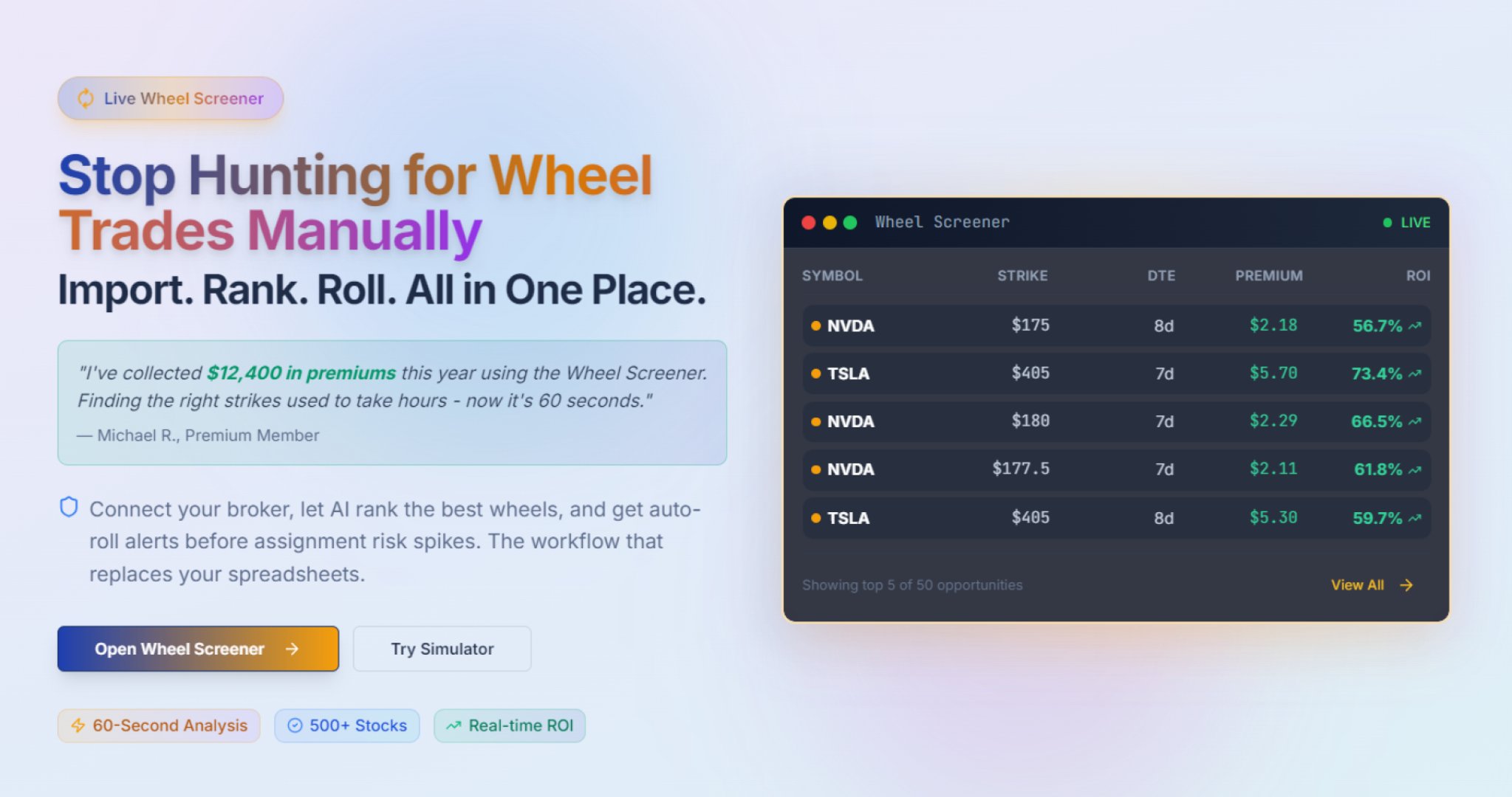 Secureputcalls - Finance & Payments screenshot 2 showing the Stop Hunting for Wheel Trades Manually Import. Rank. Roll.