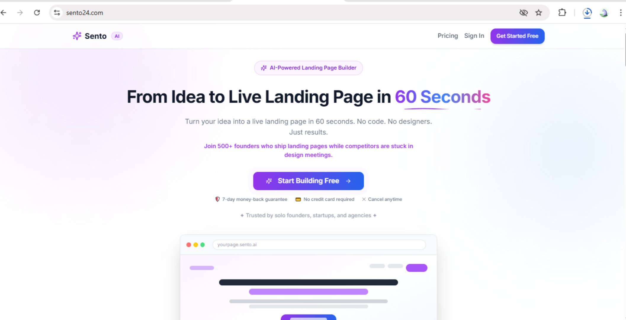 Sento AI - No-Code Tools screenshot 1 showing the From Idea to Live Landing Page in 60 Seconds