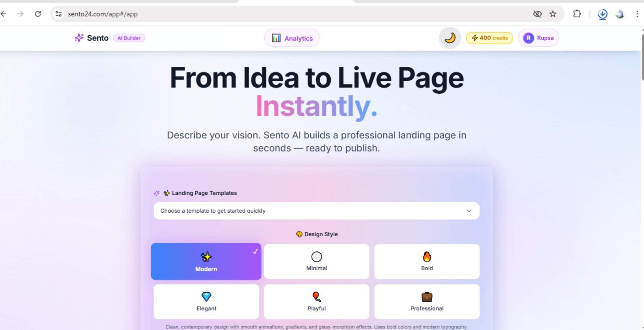 Sento AI - No-Code Tools screenshot 2 showing the From Idea to Live Landing Page in 60 Seconds