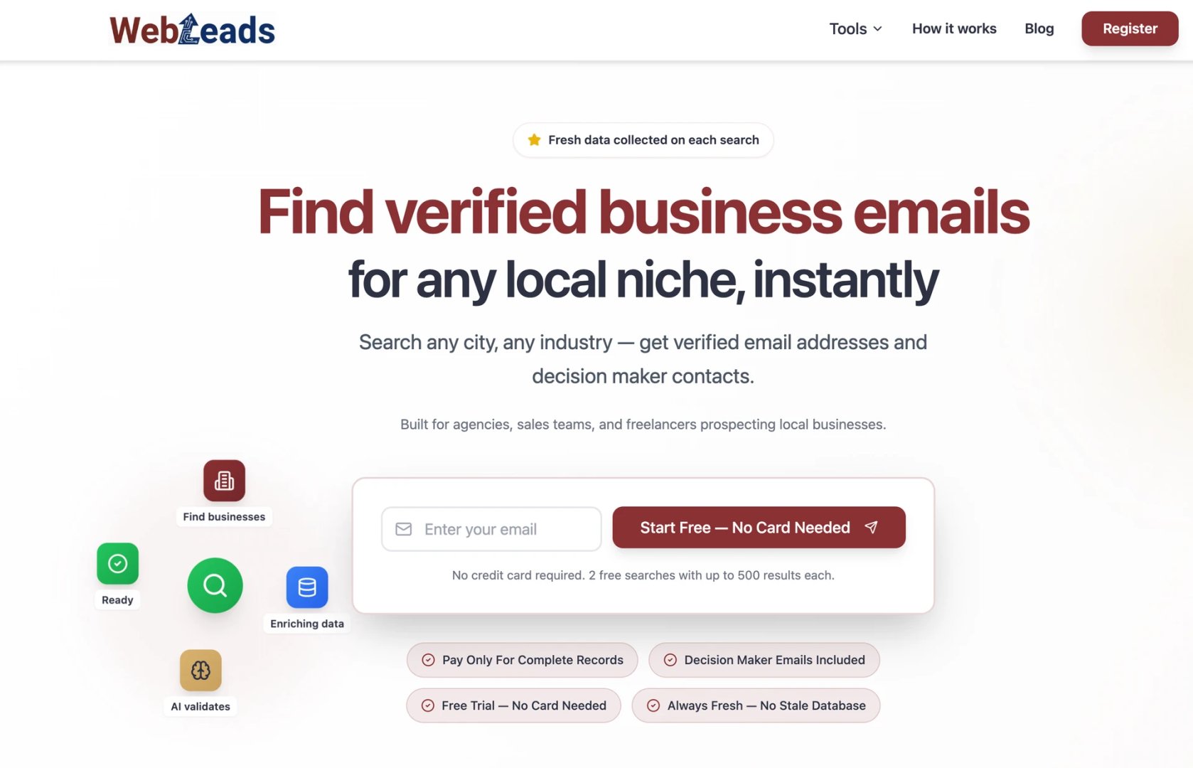 WebLeads - Marketing & SEO screenshot 1 showing the Search any city, any industry -  get verified email addresses and decision maker contacts.