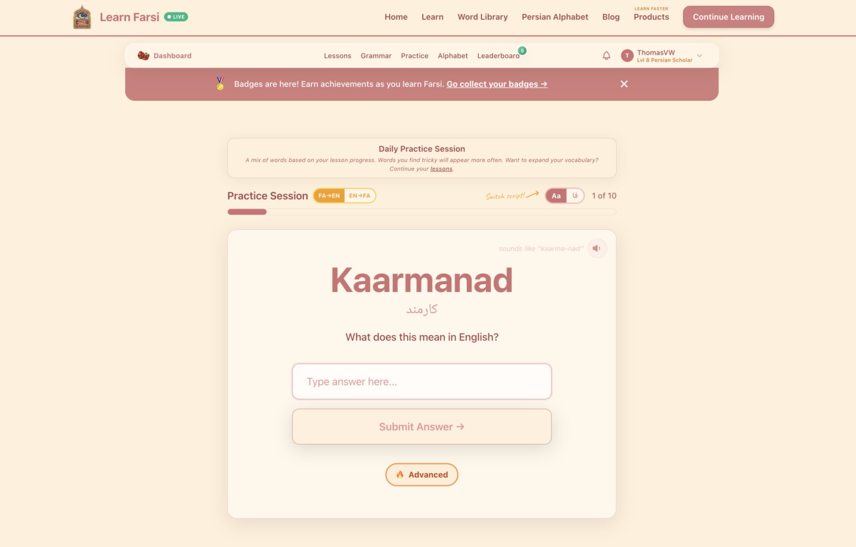 Learn Farsi - Education & Learning screenshot 2 showing the An easy to use Persian language learning tool, Free Forever