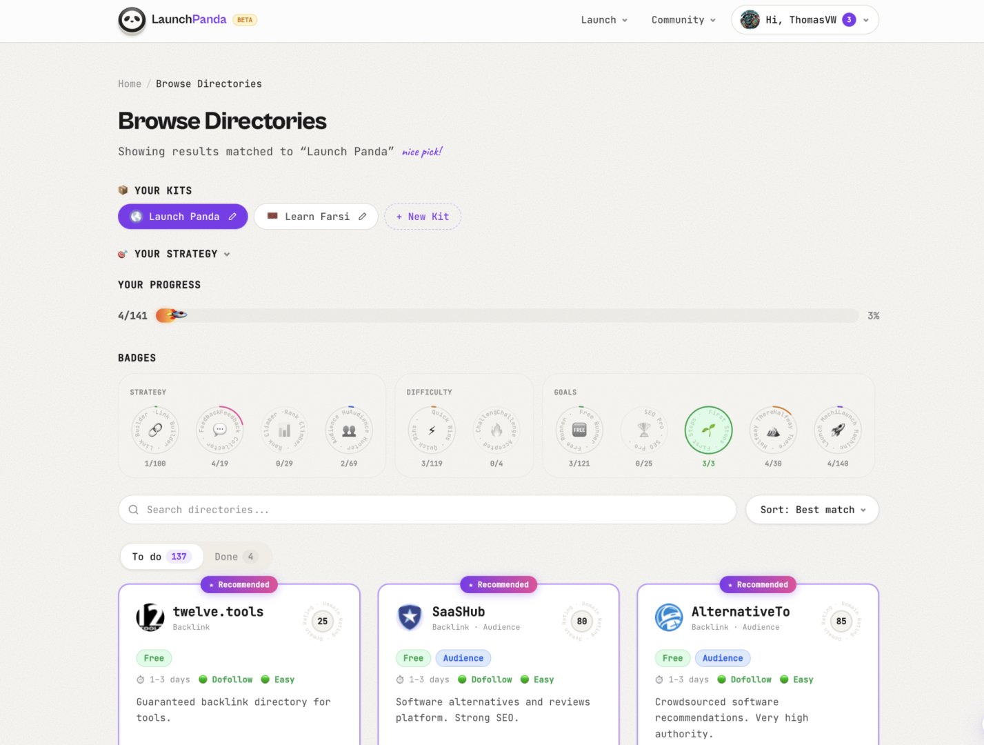 Launch Panda - Marketing & SEO screenshot 2 showing the The launch buddy for indie builders, get traffic and links