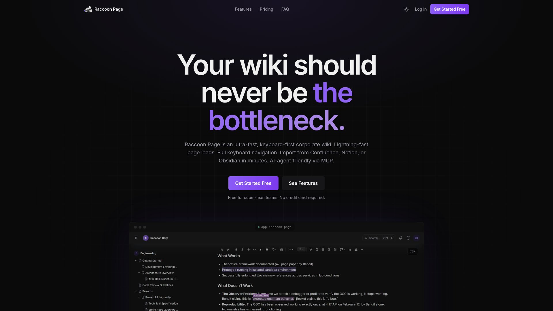 Raccoon Page - Developer Tools screenshot 1 showing the Raccoon Page is an ultra-fast, keyboard-first corporate wiki.