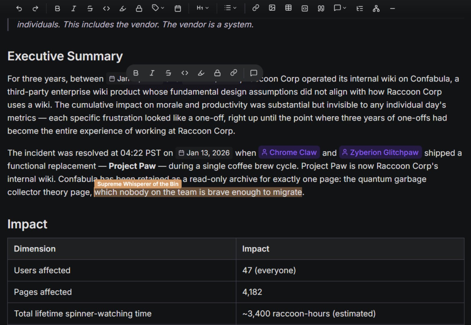 Raccoon Page - Developer Tools screenshot 2 showing the Raccoon Page is an ultra-fast, keyboard-first corporate wiki.