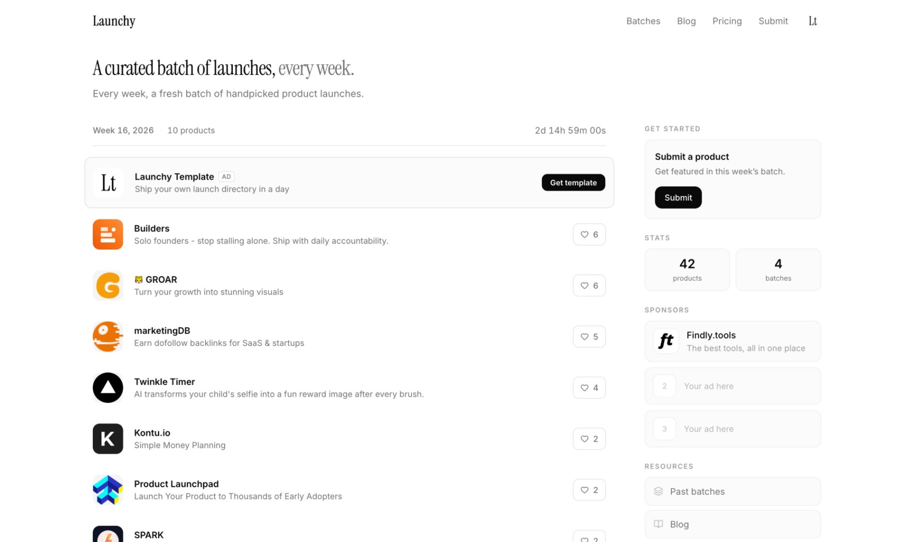 Launchy Tools - Directory & Listings screenshot 1 showing the Launch your product. Get discovered every week.