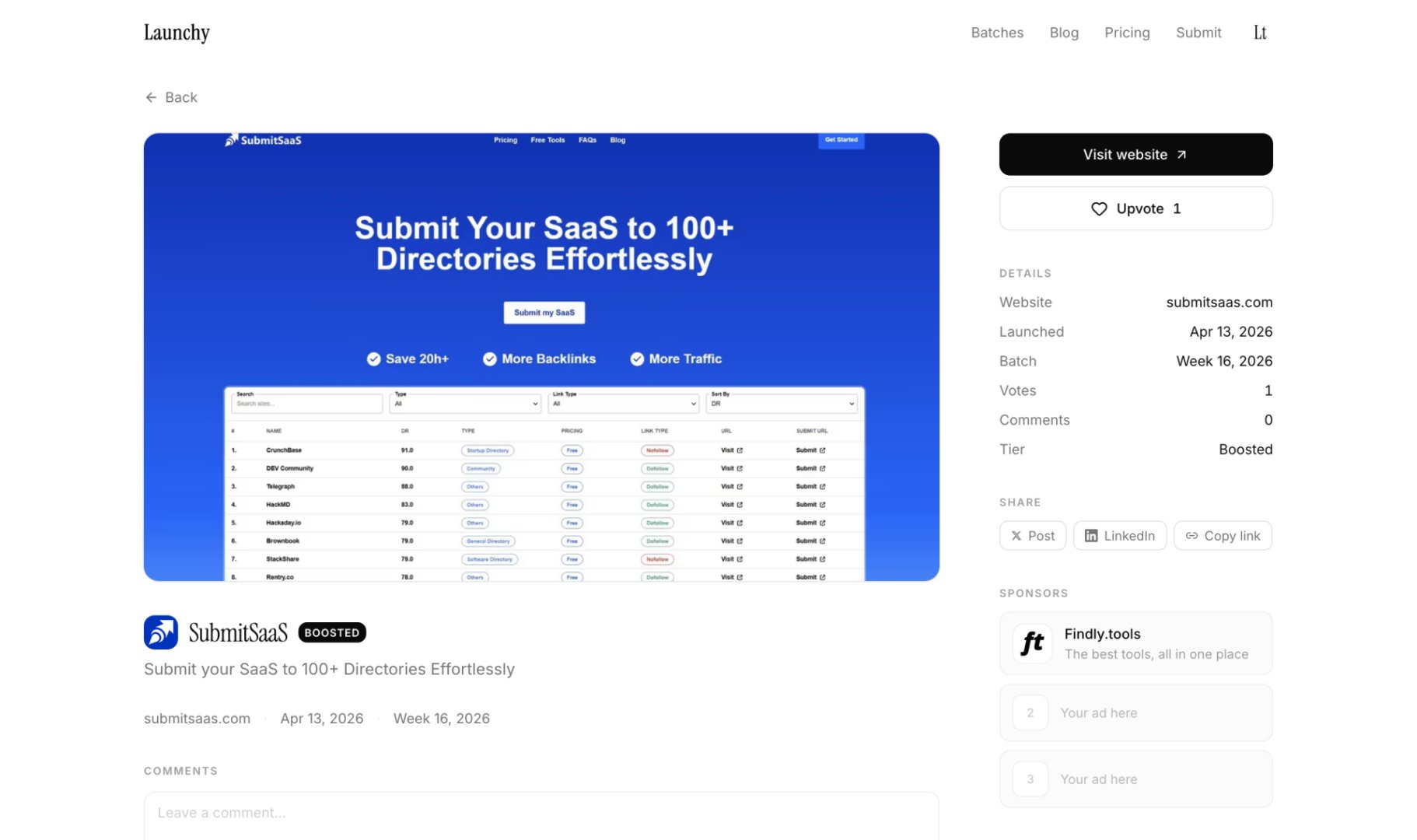 Launchy Tools - Directory & Listings screenshot 2 showing the Launch your product. Get discovered every week.