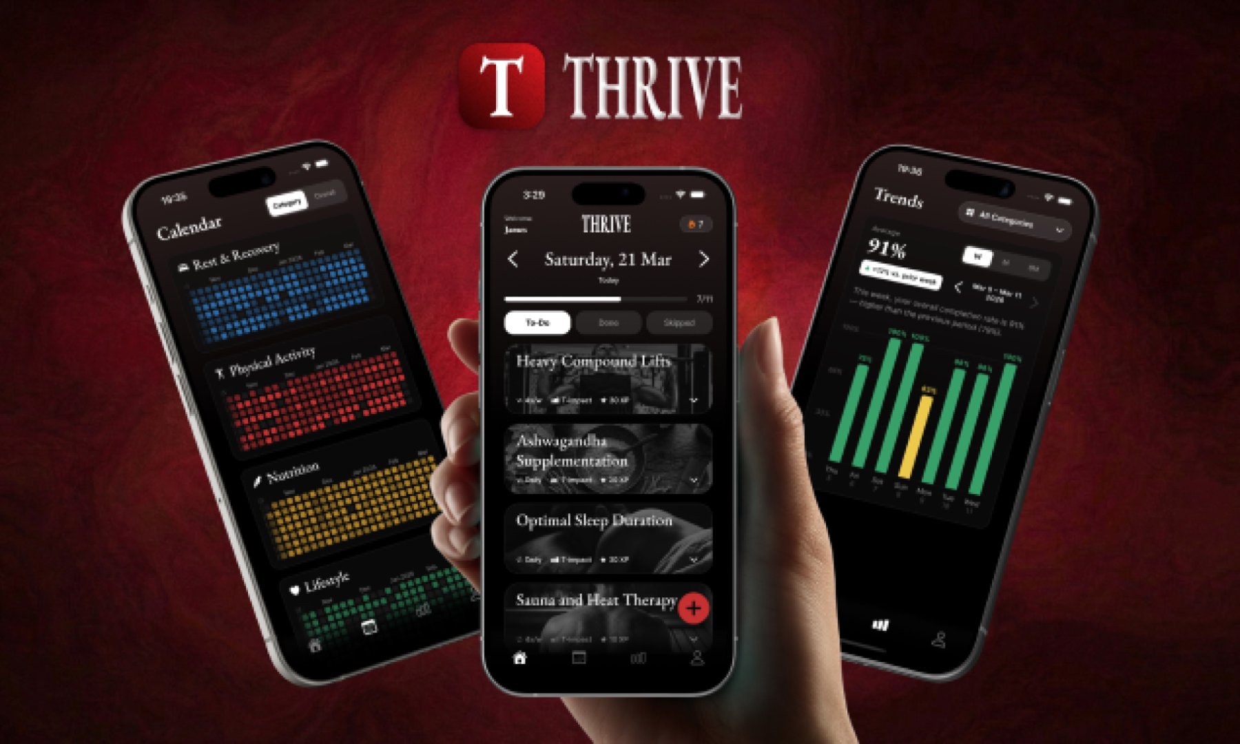 THRIVE - Health & Wellness screenshot 1 showing the Optimize your testosterone naturally with science-backed daily habits.